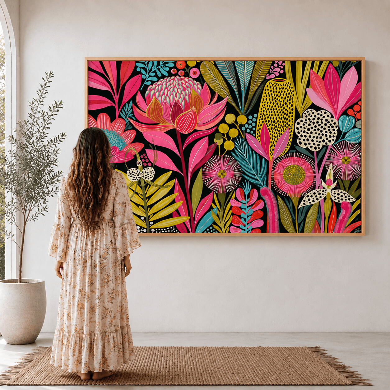 Colourful Australian native floral wall art print featuring stylised waratahs, banksias and native wildflowers