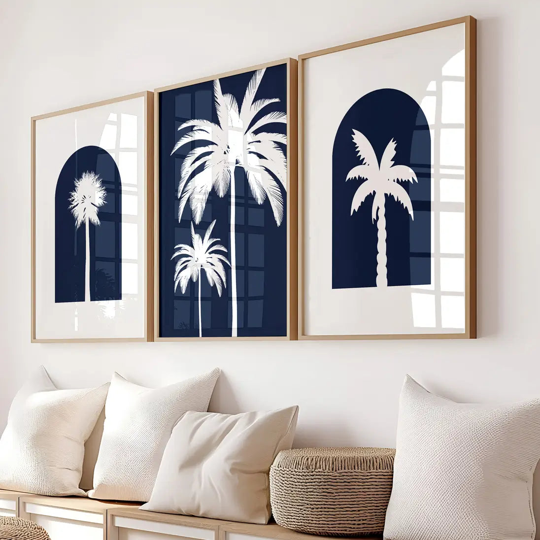 Modern navy blue palm tree wall art set for contemporary interiors