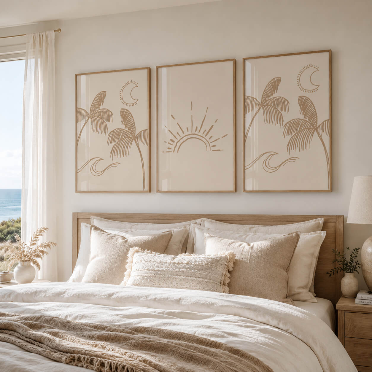 Set of three neutral coastal boho wall art prints in natural oak frames displayed above a bed, featuring minimalist palm trees, sun, moon and wave line art in warm beige tones.