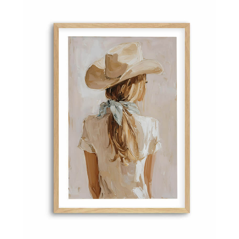 Minimalist cowgirl wall art neutral beige cowgirl blue bandana hair tied back