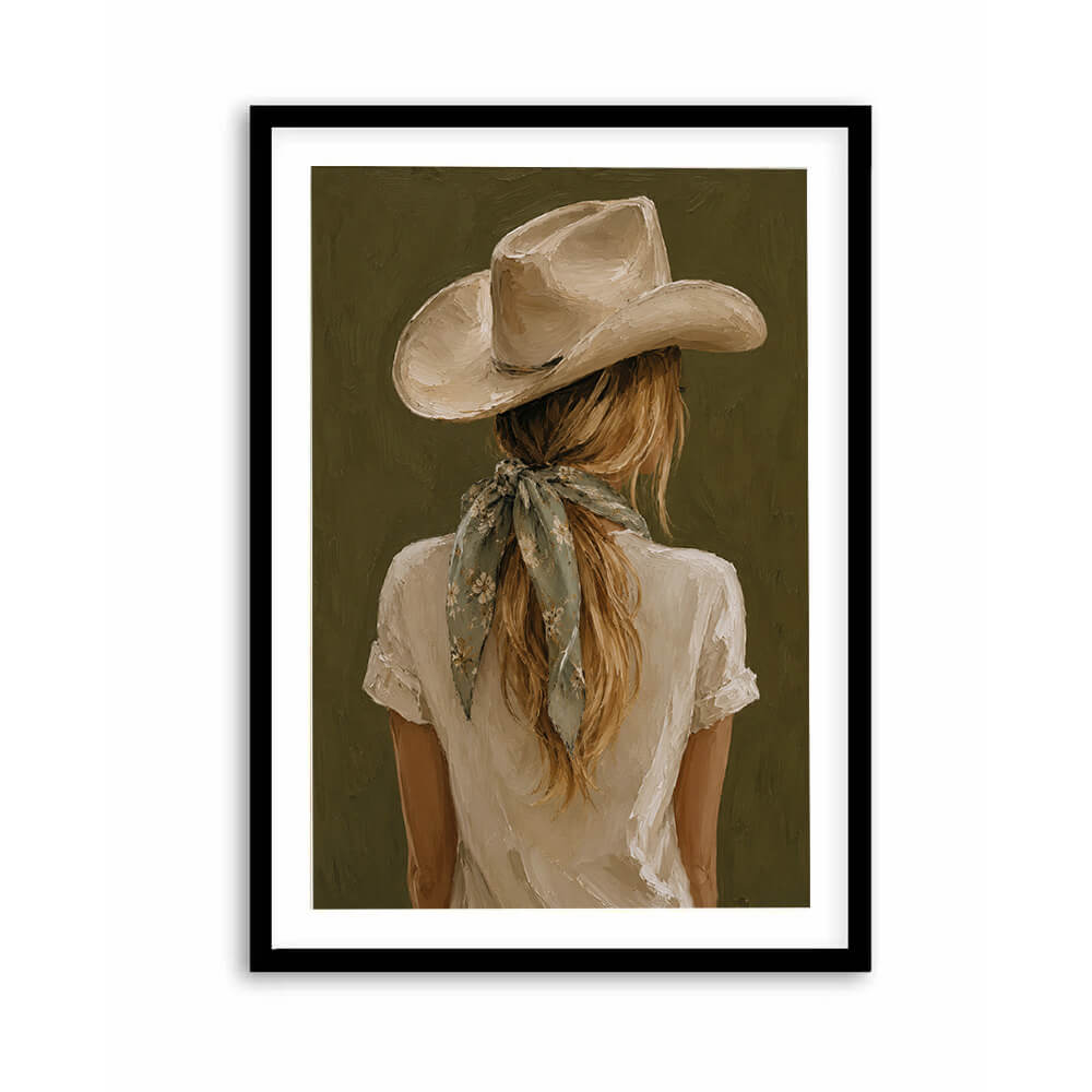Cowgirl wall art featuring western woman wearing cowboy hat and floral scarf