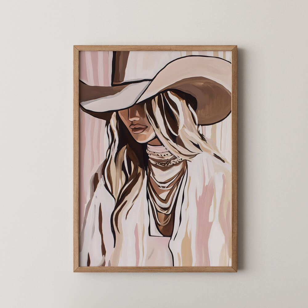 modern western cowgirl illustration soft beige blush wall art