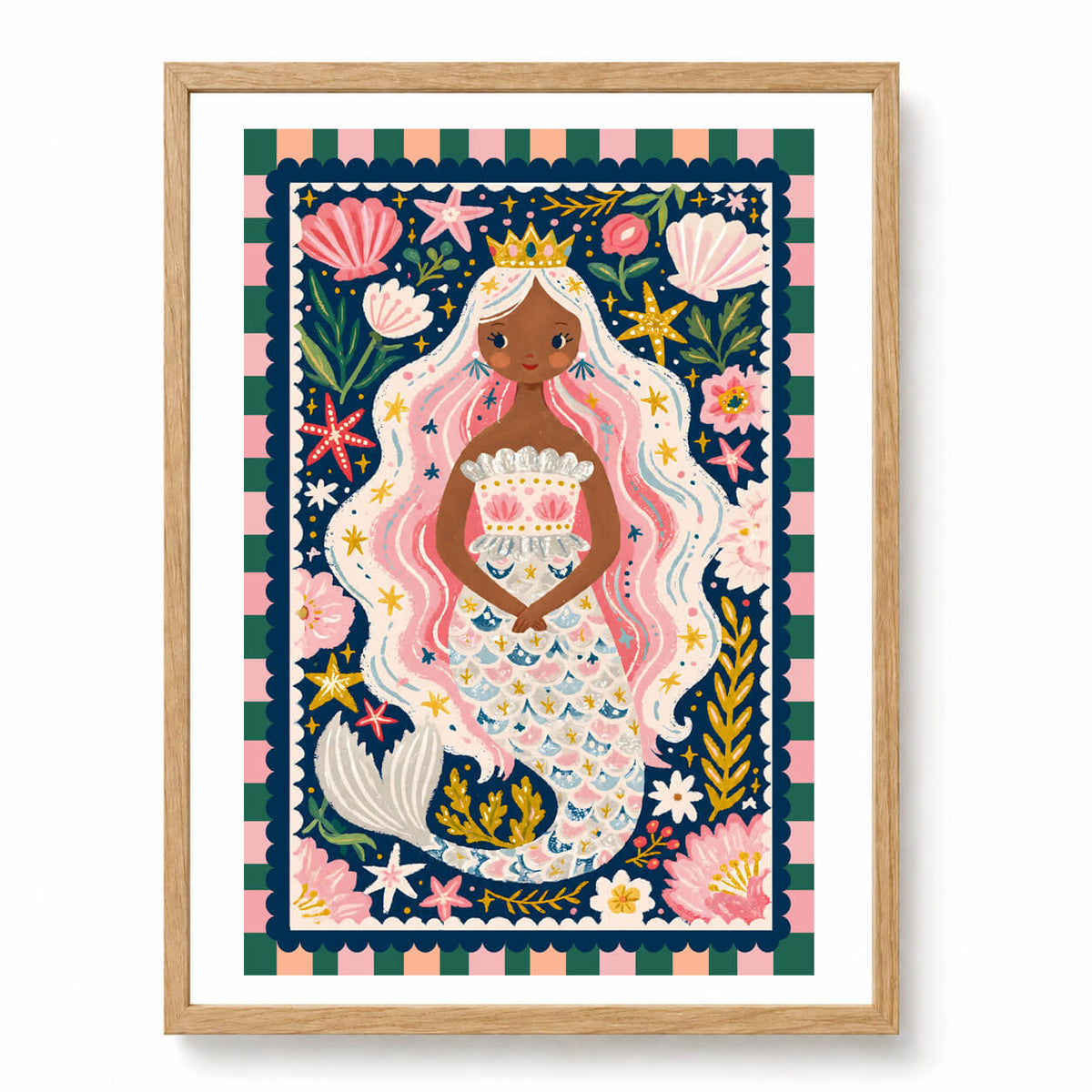 Mermaid Princess wall art in natural timber frame