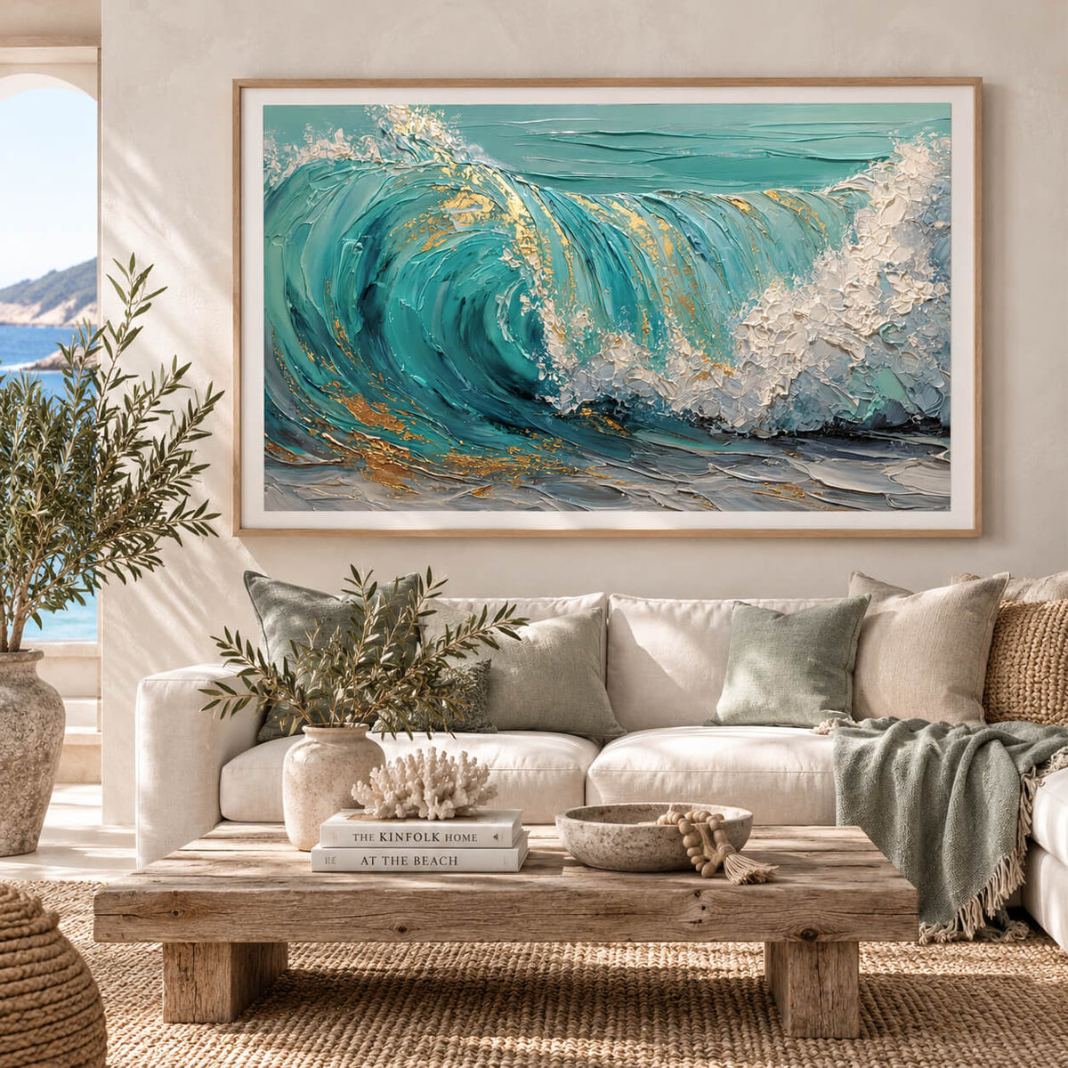 Abstract ocean wave wall art featuring textured turquoise water, white sea foam and gold accents