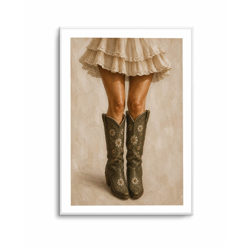 Olive green floral cowboy boots wall art in rustic country style bedroom