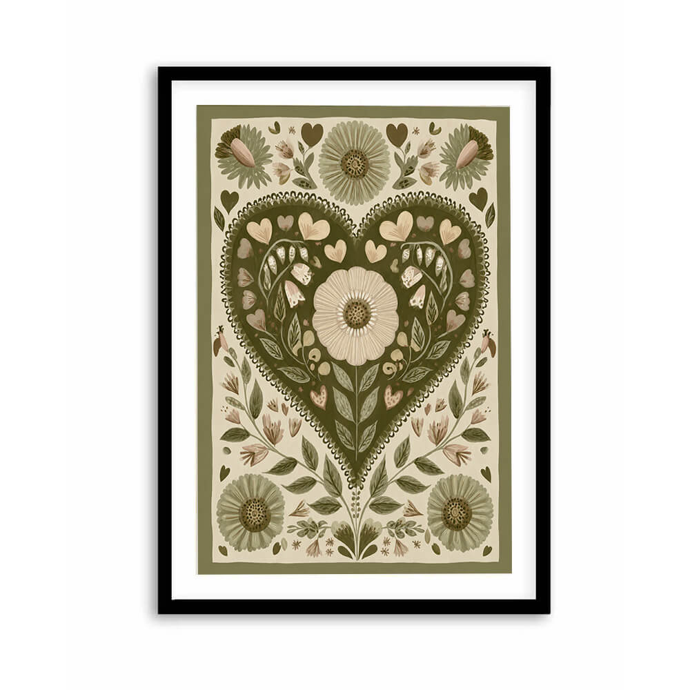 Botanical heart wall art in sage green and cream tones