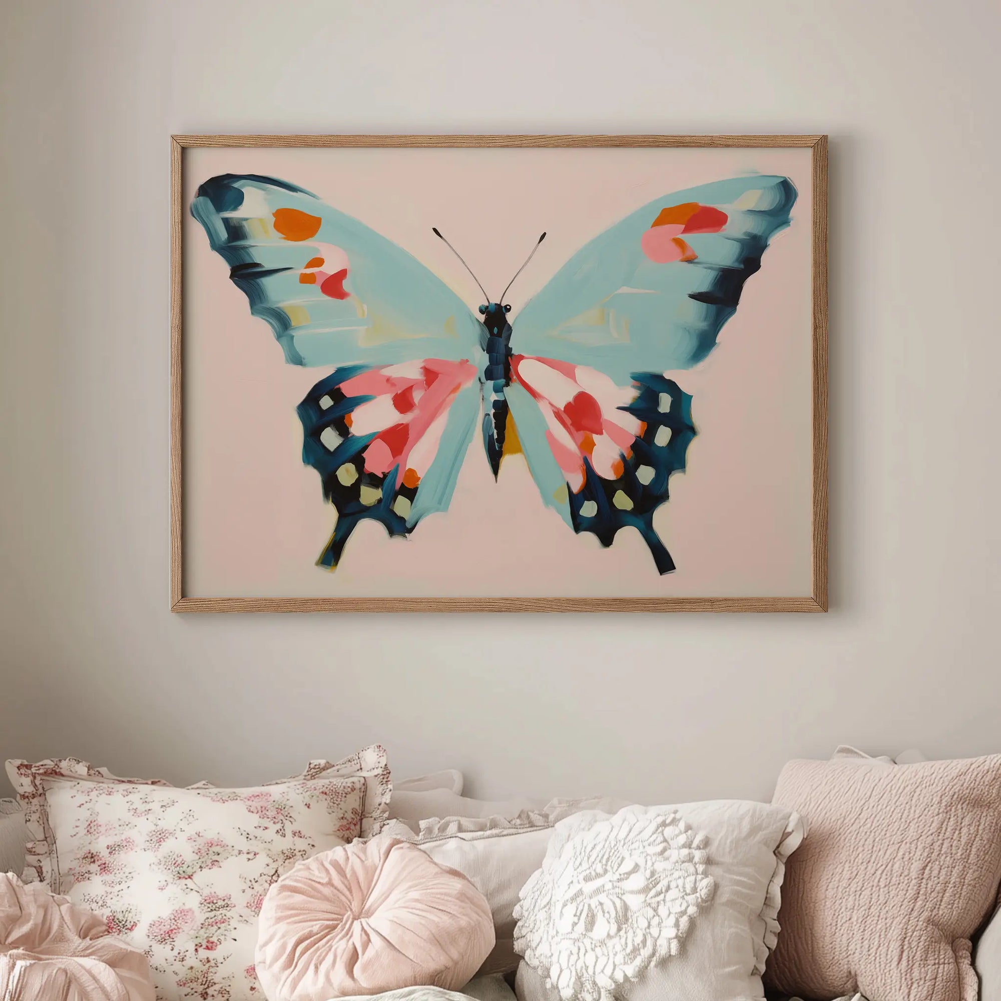 Girls’ bedroom decor featuring a dreamy pastel butterfly wall print in soft tones