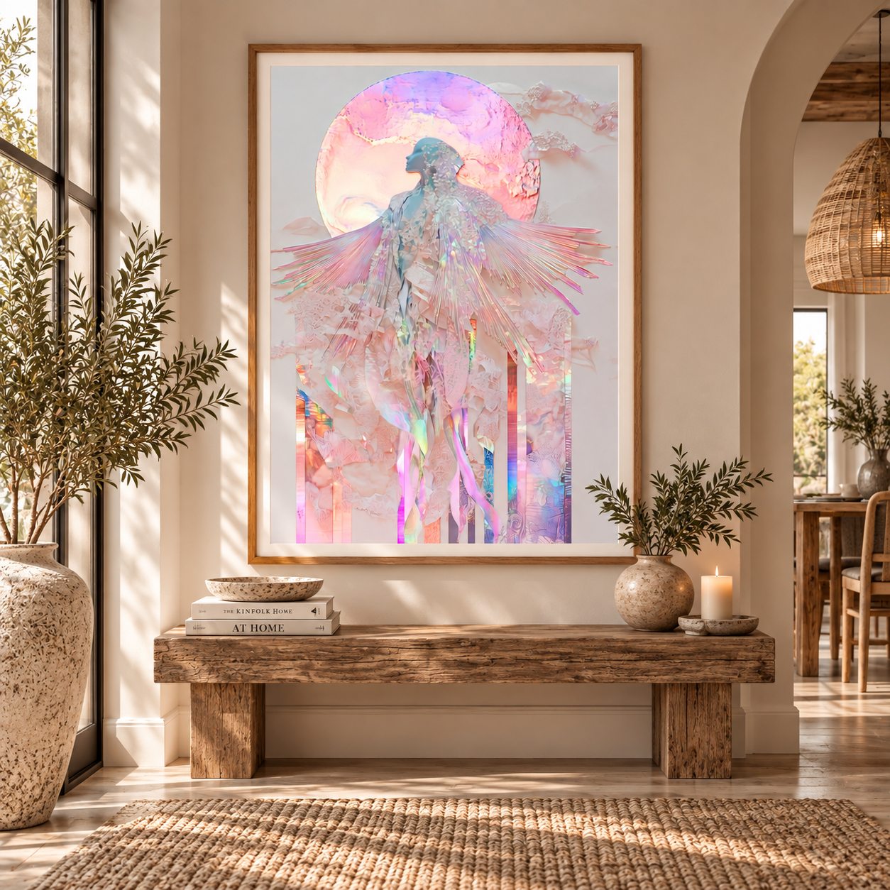 Celestial angel wall art in soft pink and iridescent pastel tones displayed in a natural timber frame in a boho living room