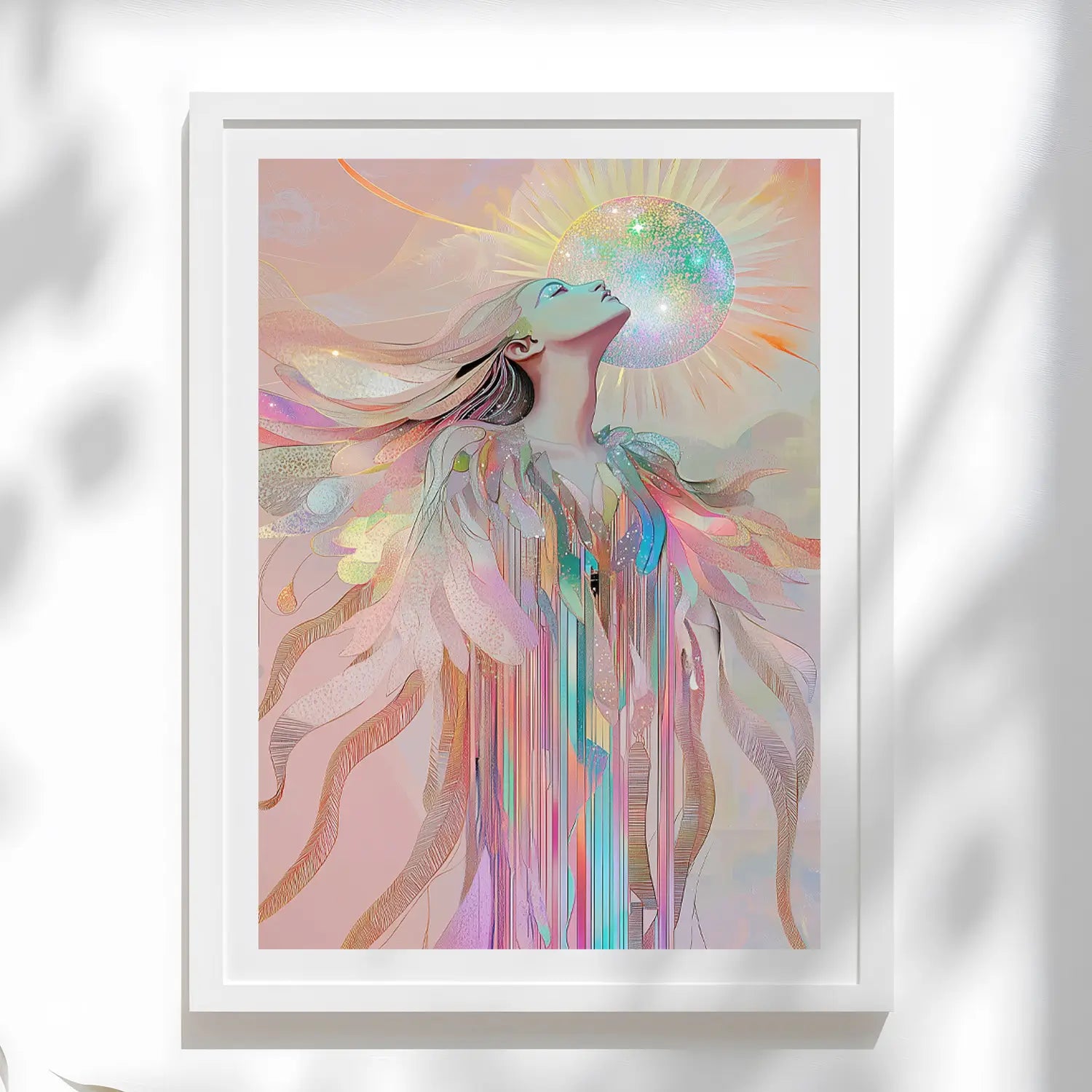 Ethereal sun goddess with iridescent feathers and glowing orb