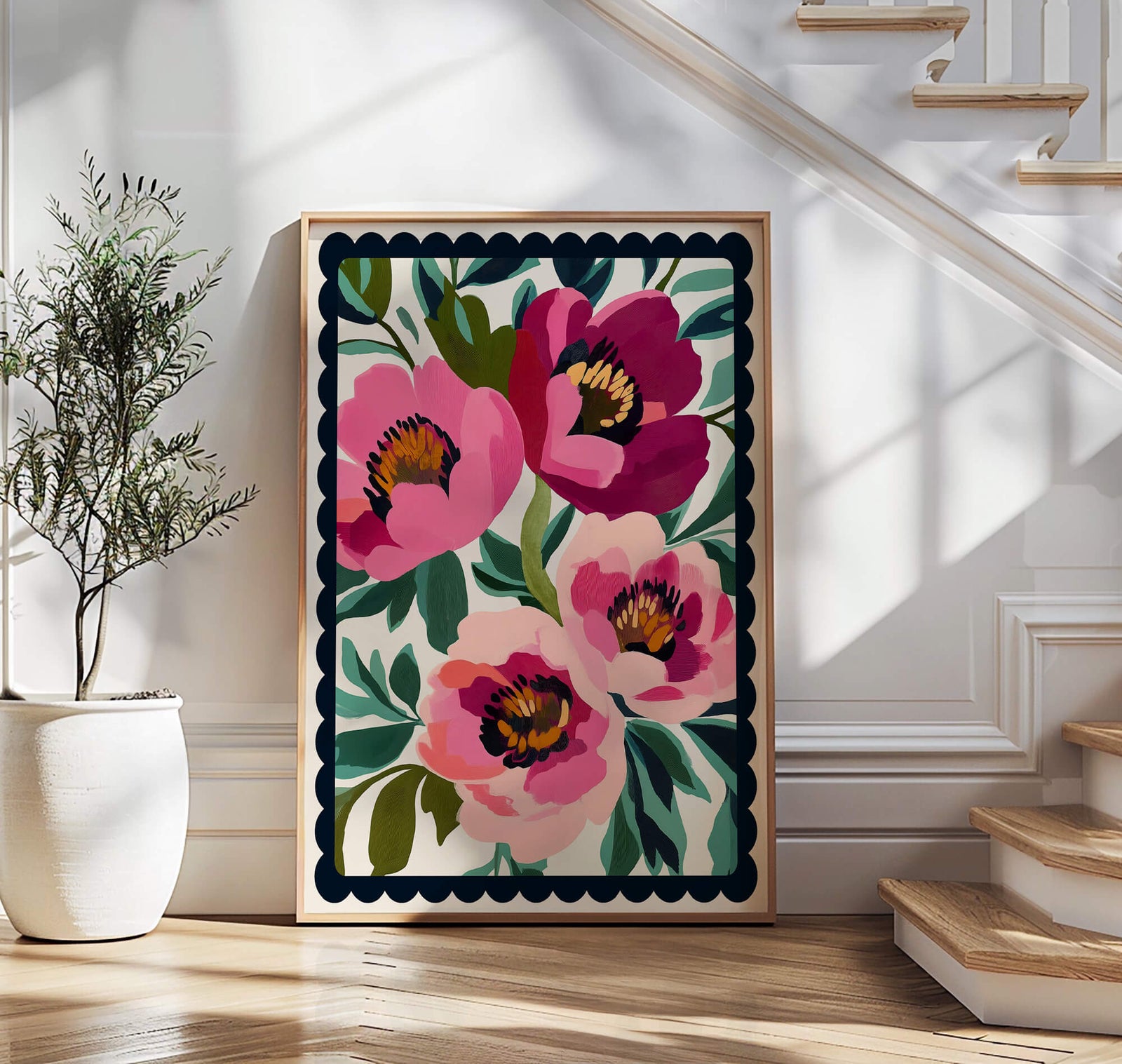 pink floral wall art print with bold botanical flowers