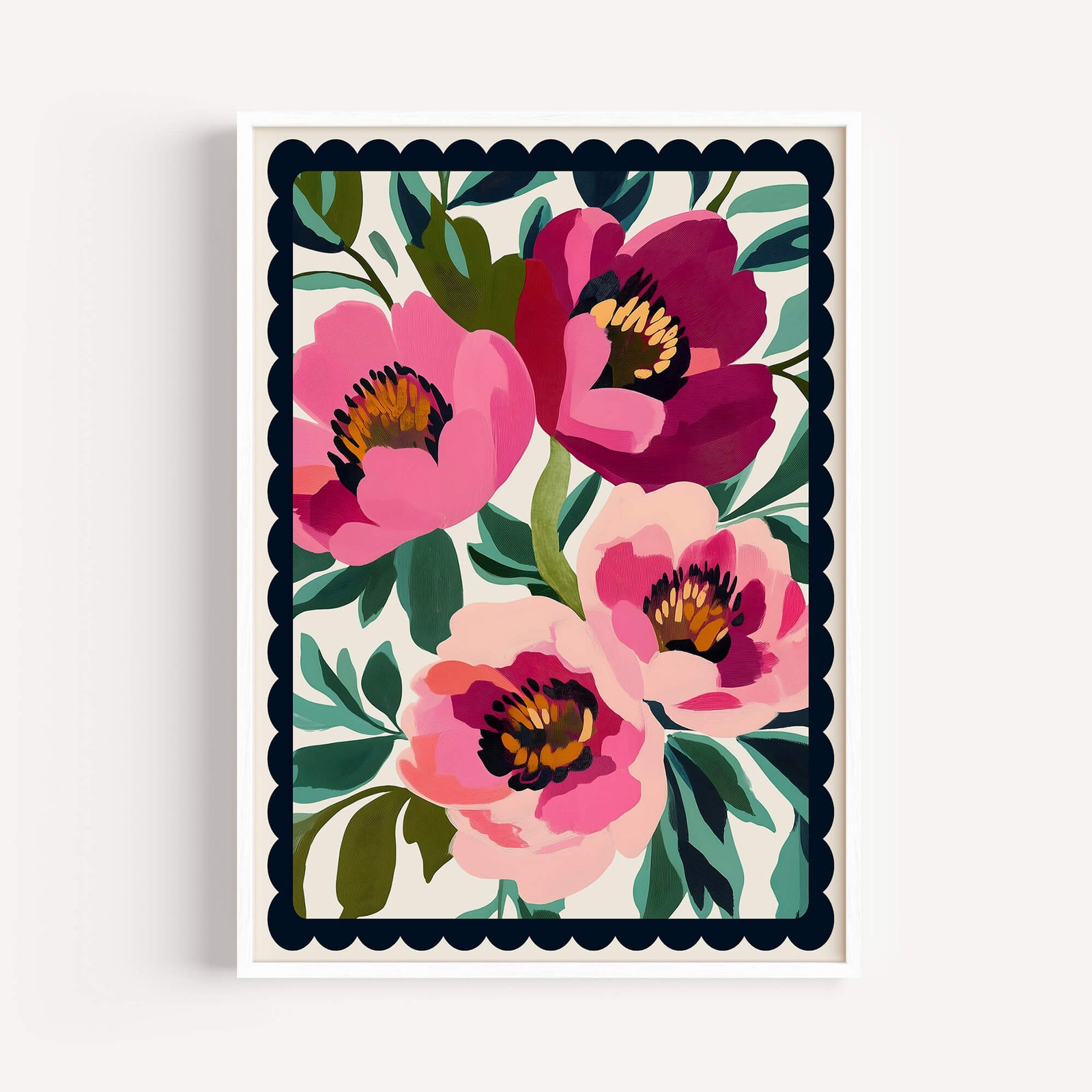 pink floral wall art print with bold botanical flowers