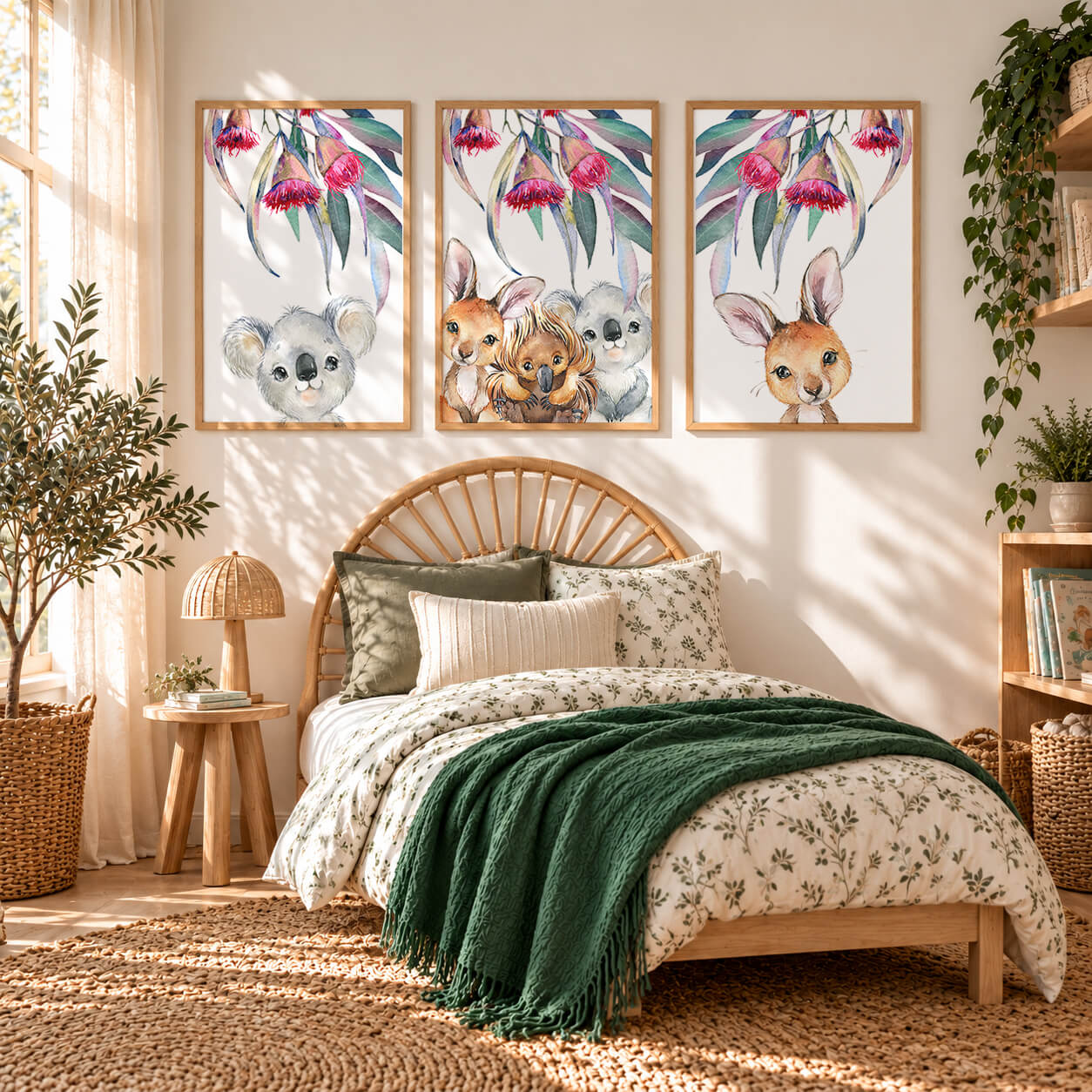 Australian animal wall art for girls featuring native animals with pink blossoms