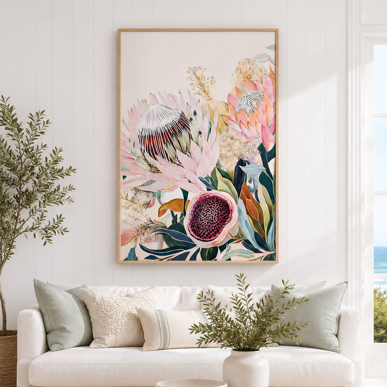 Australian Native Protea Wall Art in Oak Frame Display