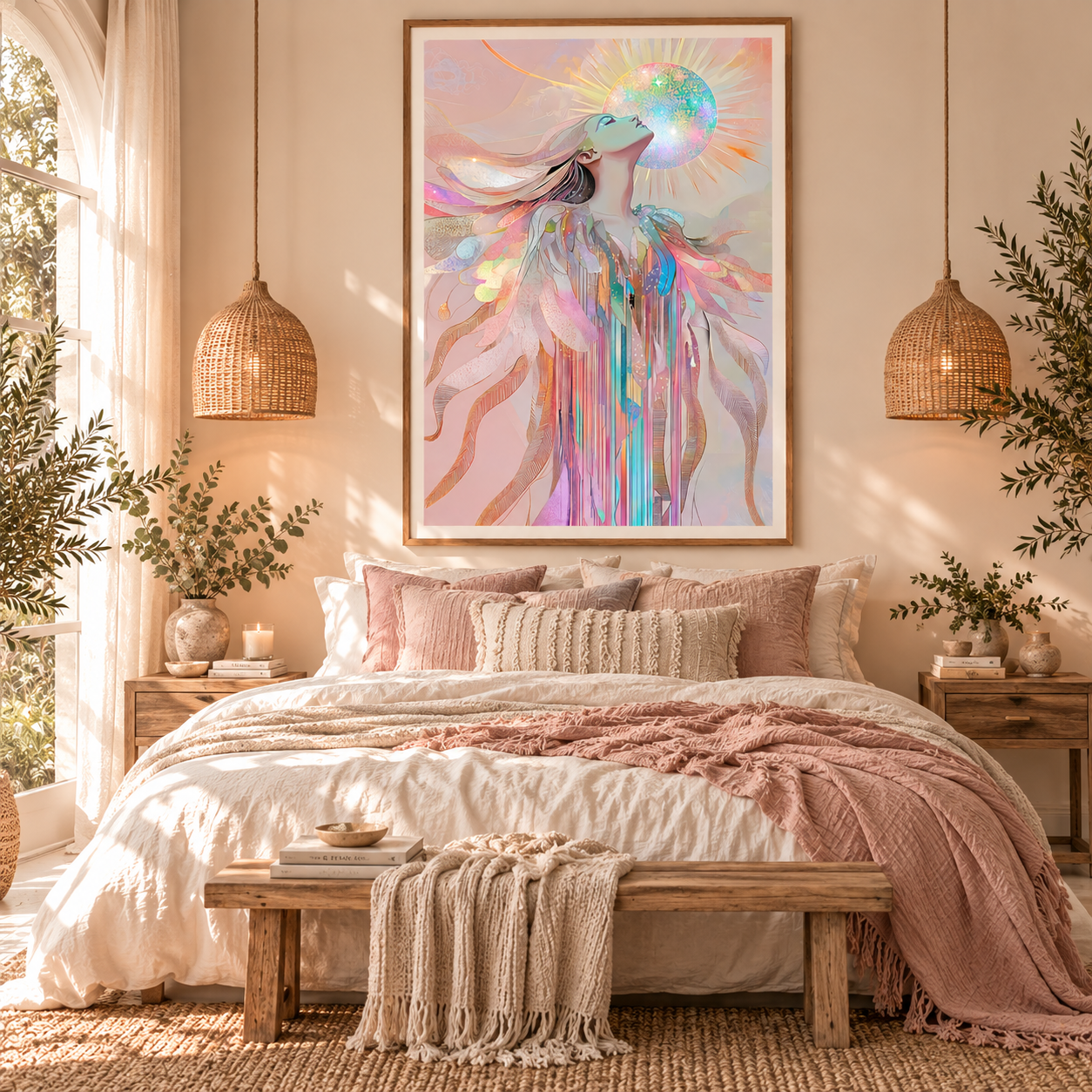 Colourful feminine celestial wall art in pink and pastel tones displayed above a bed in a boho bedroom