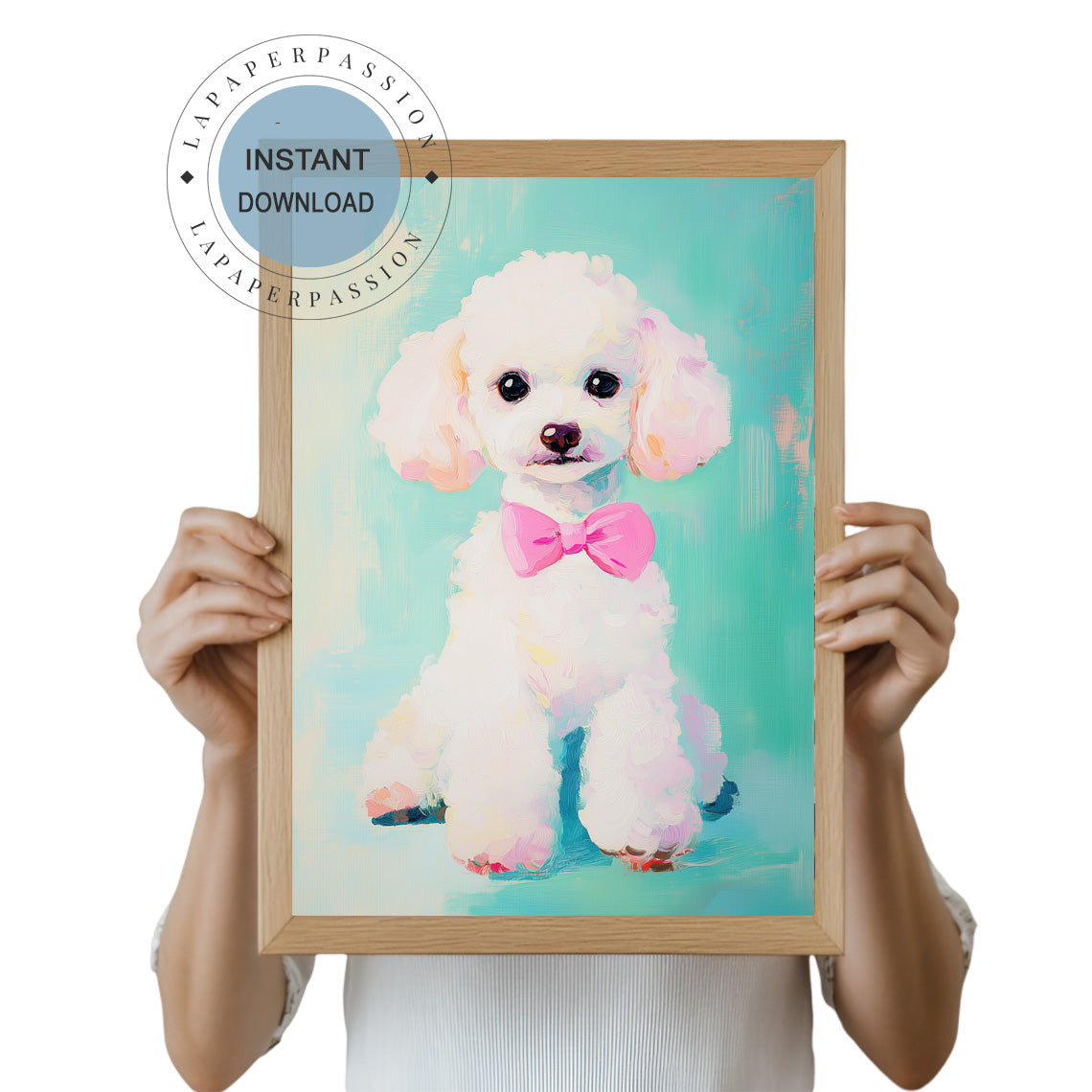 white poodle on aqua back ground digital download print pink bow tye