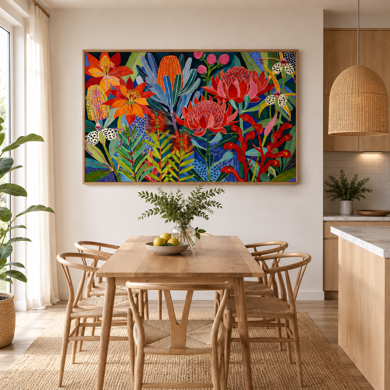 Australian botanical art print with bold native flowers and lush foliage displayed in a modern natural timber frame.
