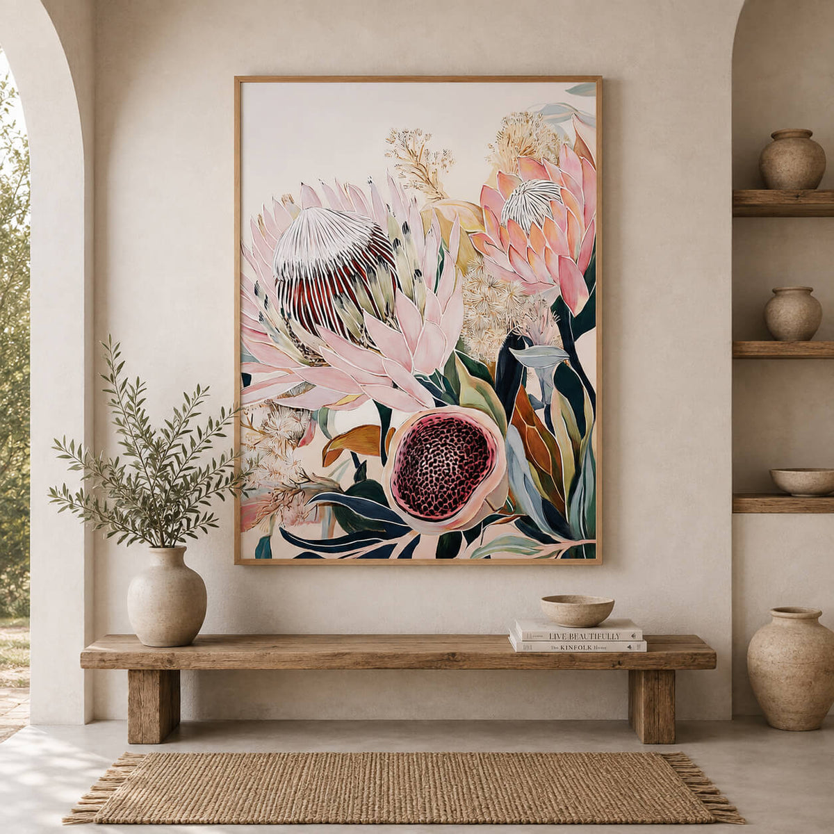 Pink protea botanical wall art print featuring soft Australian native flowers and foliage in blush pink and neutral tones.
