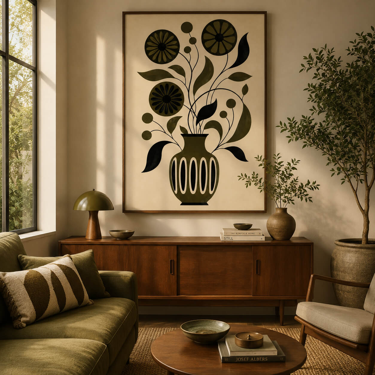 Retro 70s floral print with graphic botanical flowers, olive green tones and minimalist mid century styling.