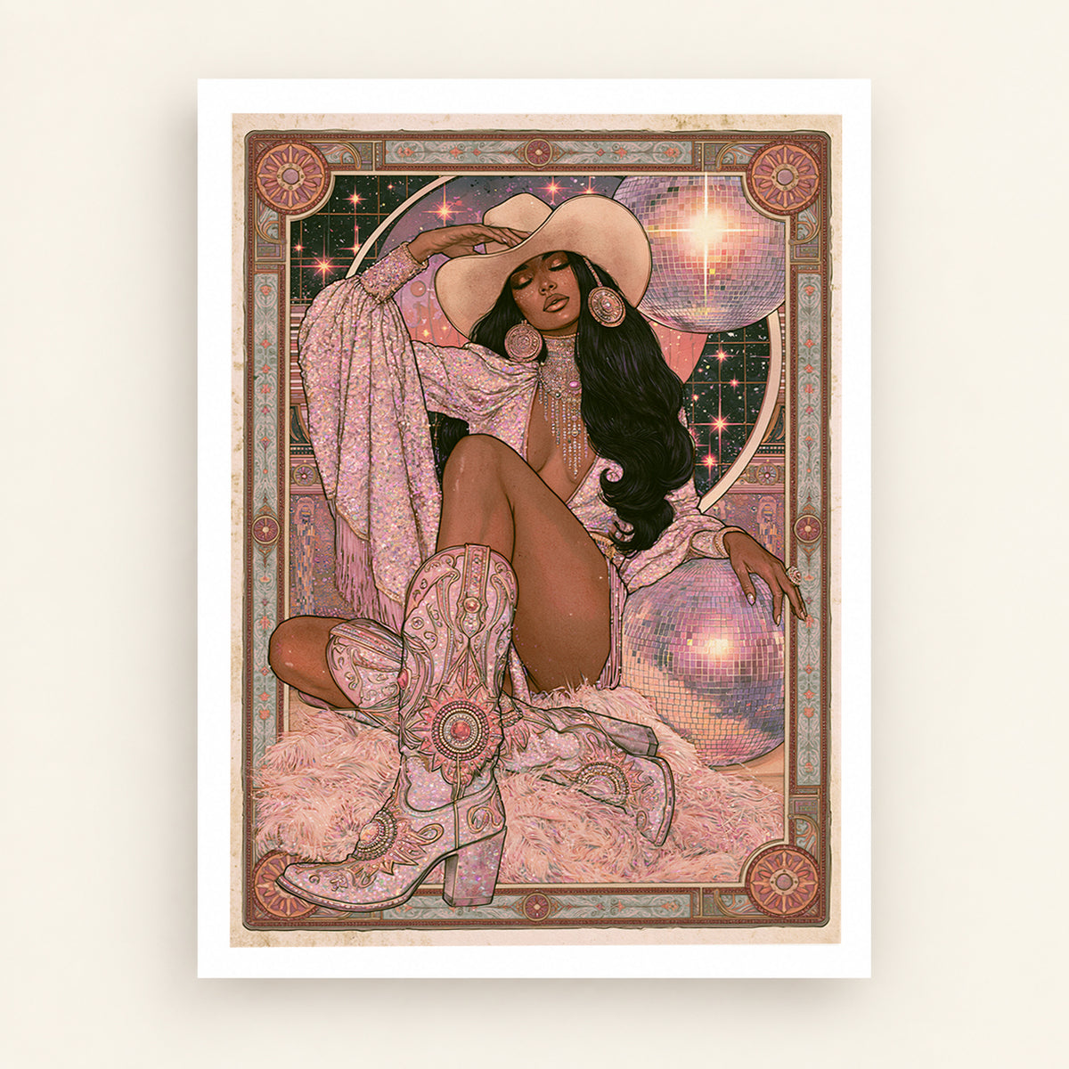 Retro disco cowgirl wall art featuring statement boots, wide brim hat and blush pink decor