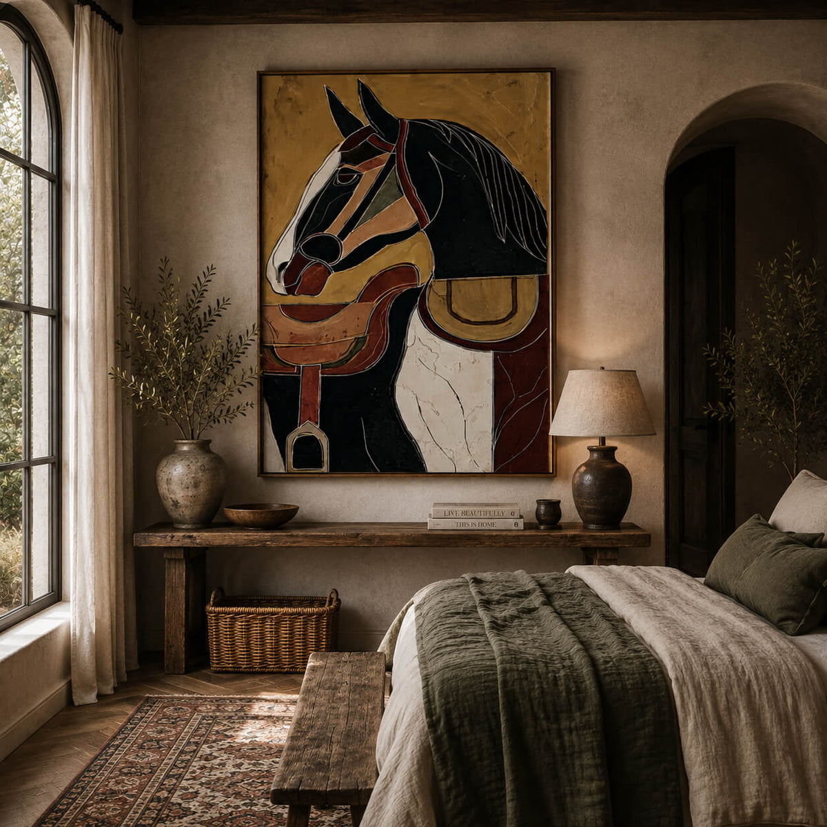 Southwestern modern geometric horse artwork with warm rustic colours