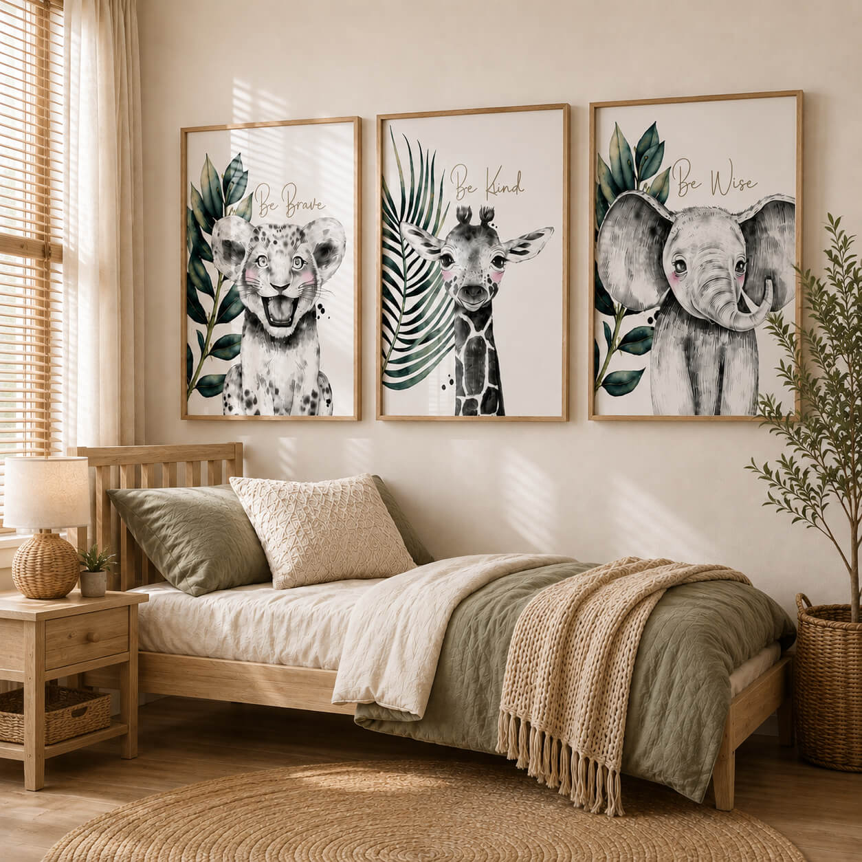 Safari animal nursery wall art set of three with lion cub, giraffe and elephant featuring Be Brave, Be Kind and Be Wise