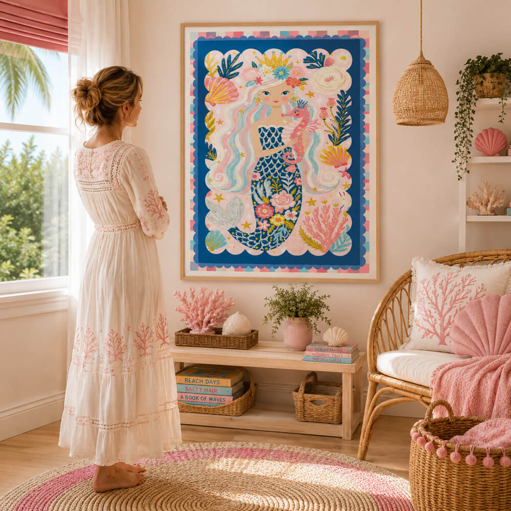 Whimsical floral mermaid wall art featuring a crowned mermaid holding a pink seahorse surrounded by shells, coral and ocean plants.