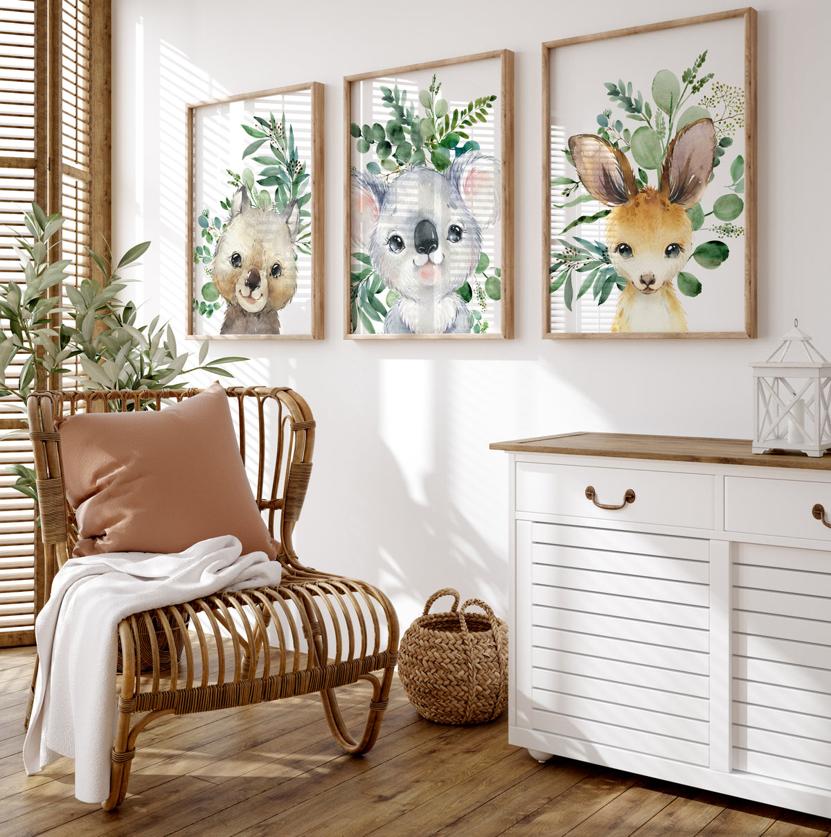 Australian animal nursery prints set of 3 featuring wombat koala and kangaroo with green native foliage