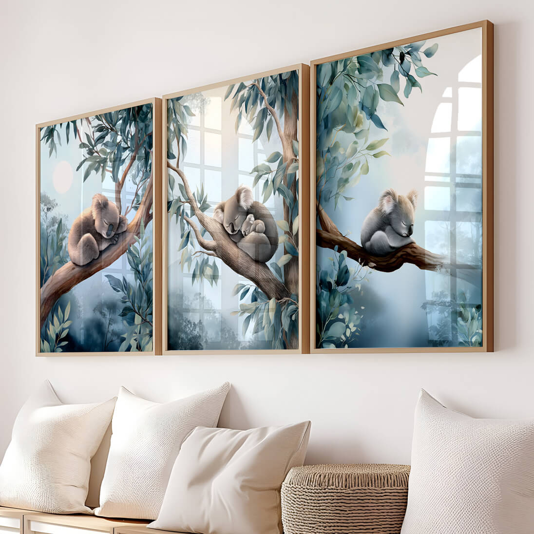 set of three sleeping koala nursery prints in blue green eucalyptus tones