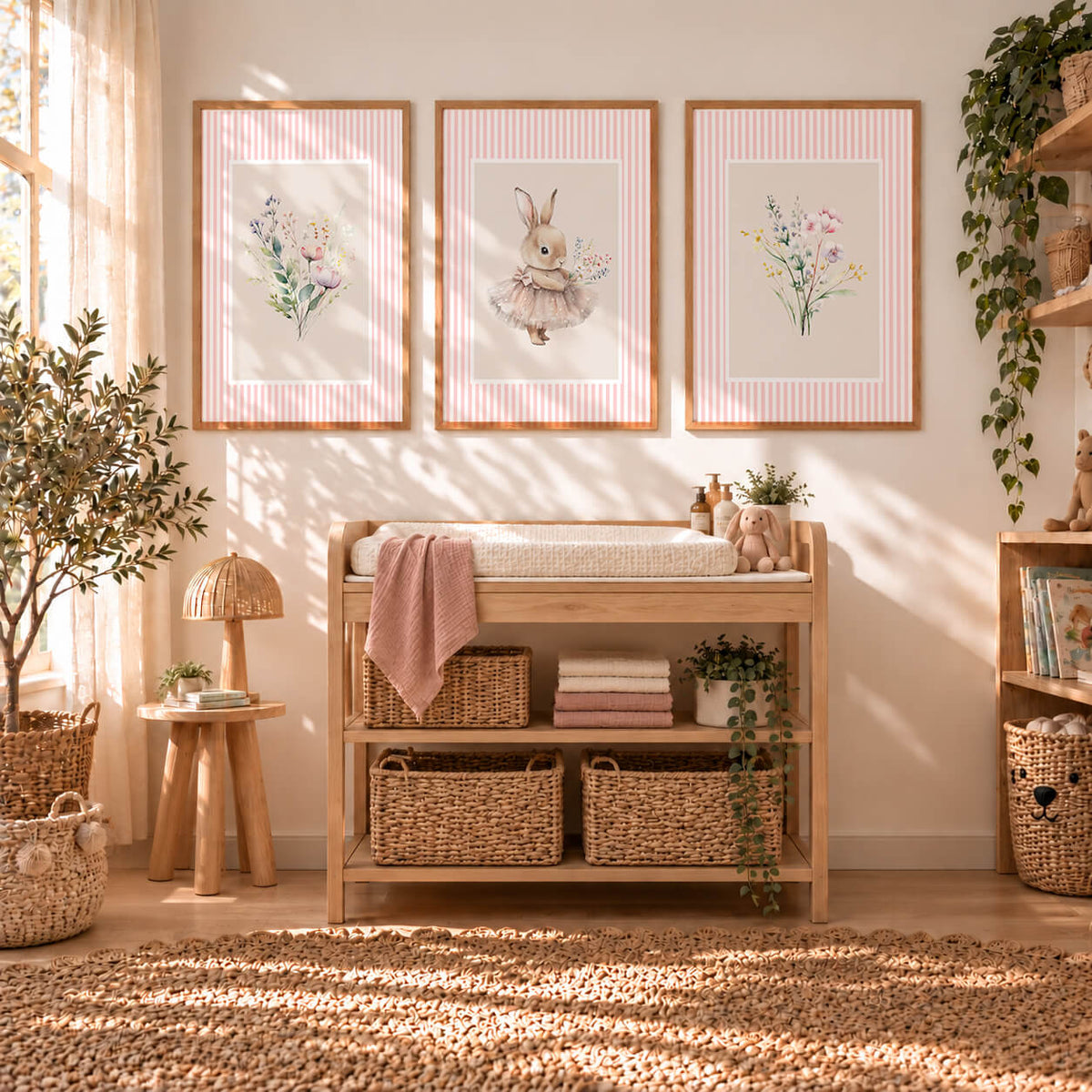 Girls nursery wall art set featuring a watercolour bunny, wildflowers and pink stripes