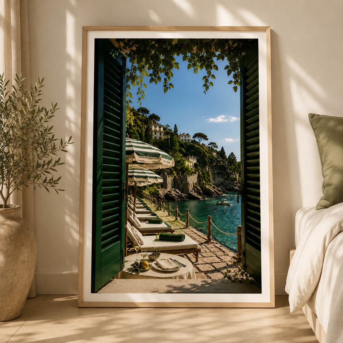 Mediterranean window wall art with emerald shutters overlooking an Italian beach club and blue  green sea