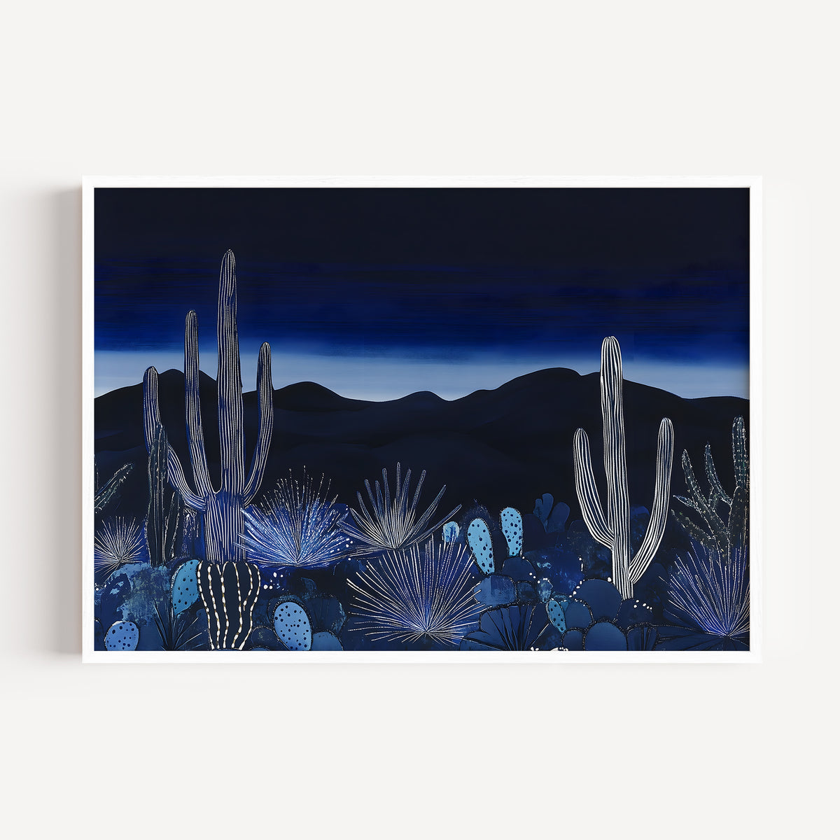 Dark desert sunset illustration with cactus and mesa silhouette in rich blue tones.