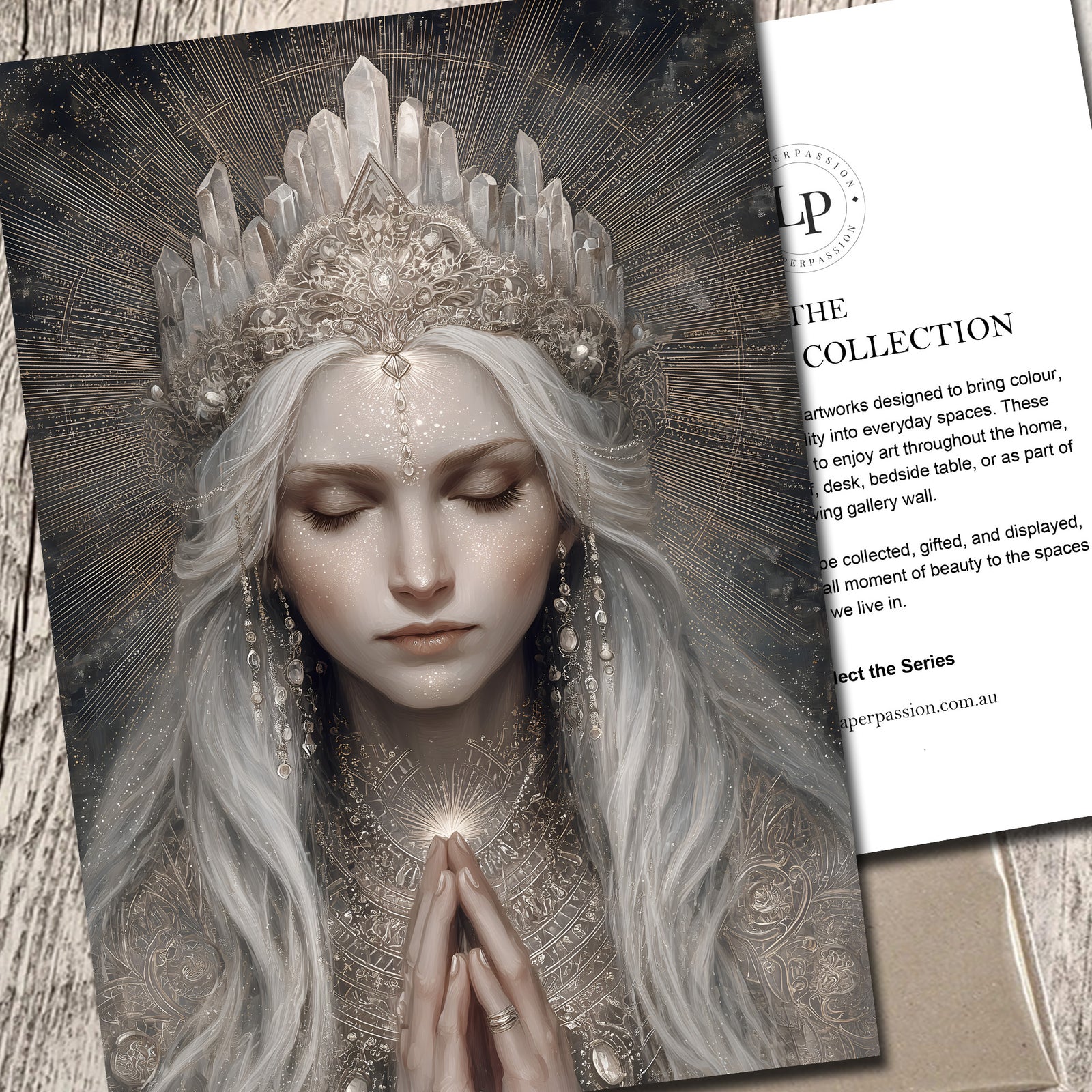 Spiritual goddess A5 art print with grey hair, quartz crystal crown