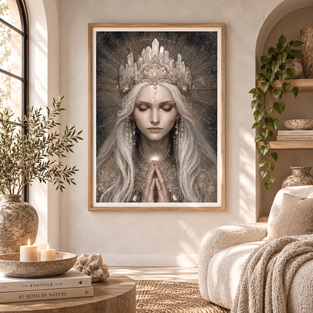 piritual goddess art featuring a silver-haired woman with crystals and celestial details