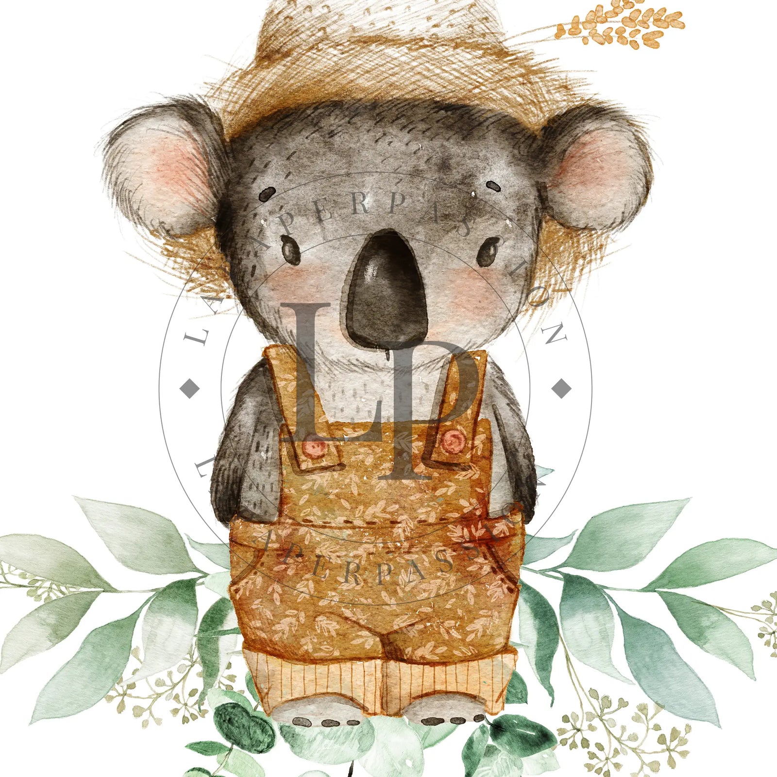 Koala Nursery Print | Australian Animal Wall Art adorable koala nursery print features a koala sporting cute dungarees and a eucalyptus hat