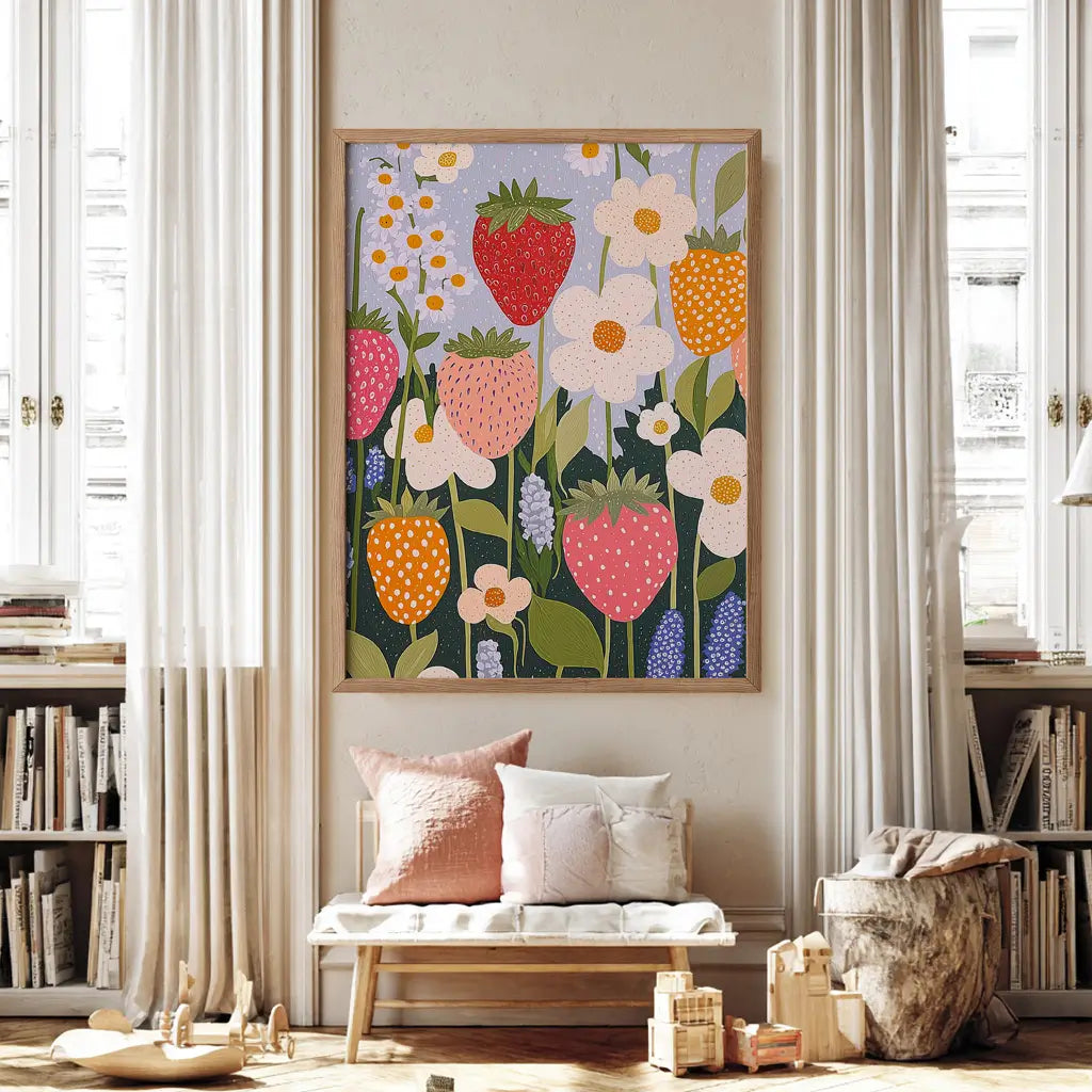 “Vibrant strawberry nursery print in contemporary style