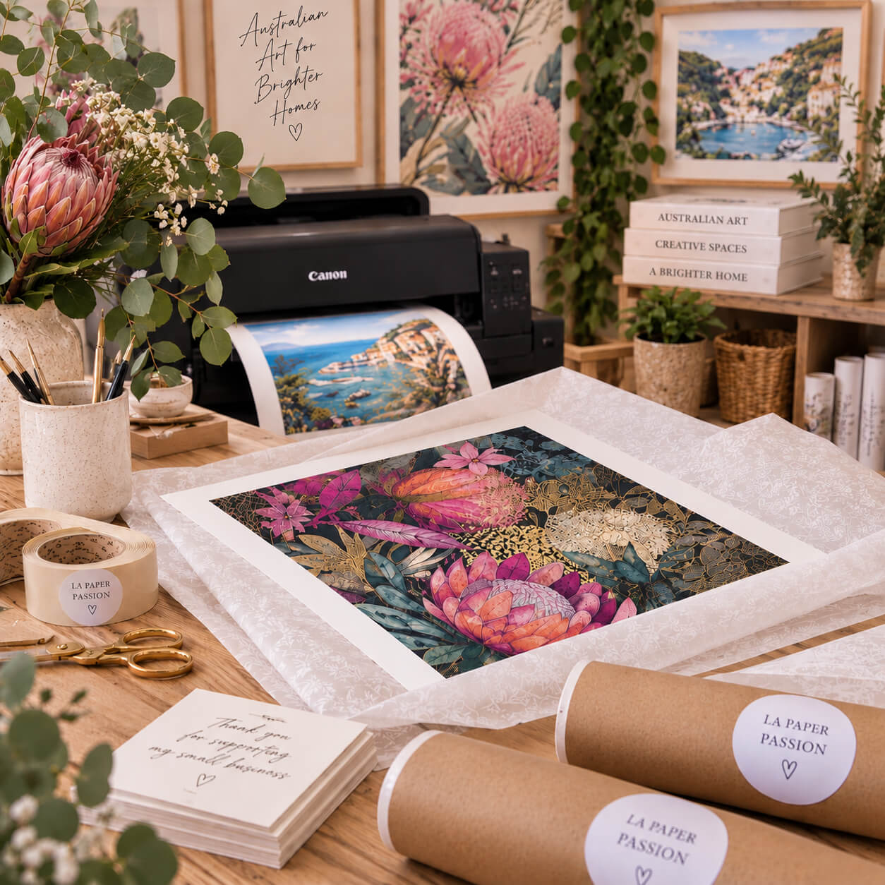 La Paper Passion art studio in Victoria Australia with botanical wall art prints, Canon printer and art packaging