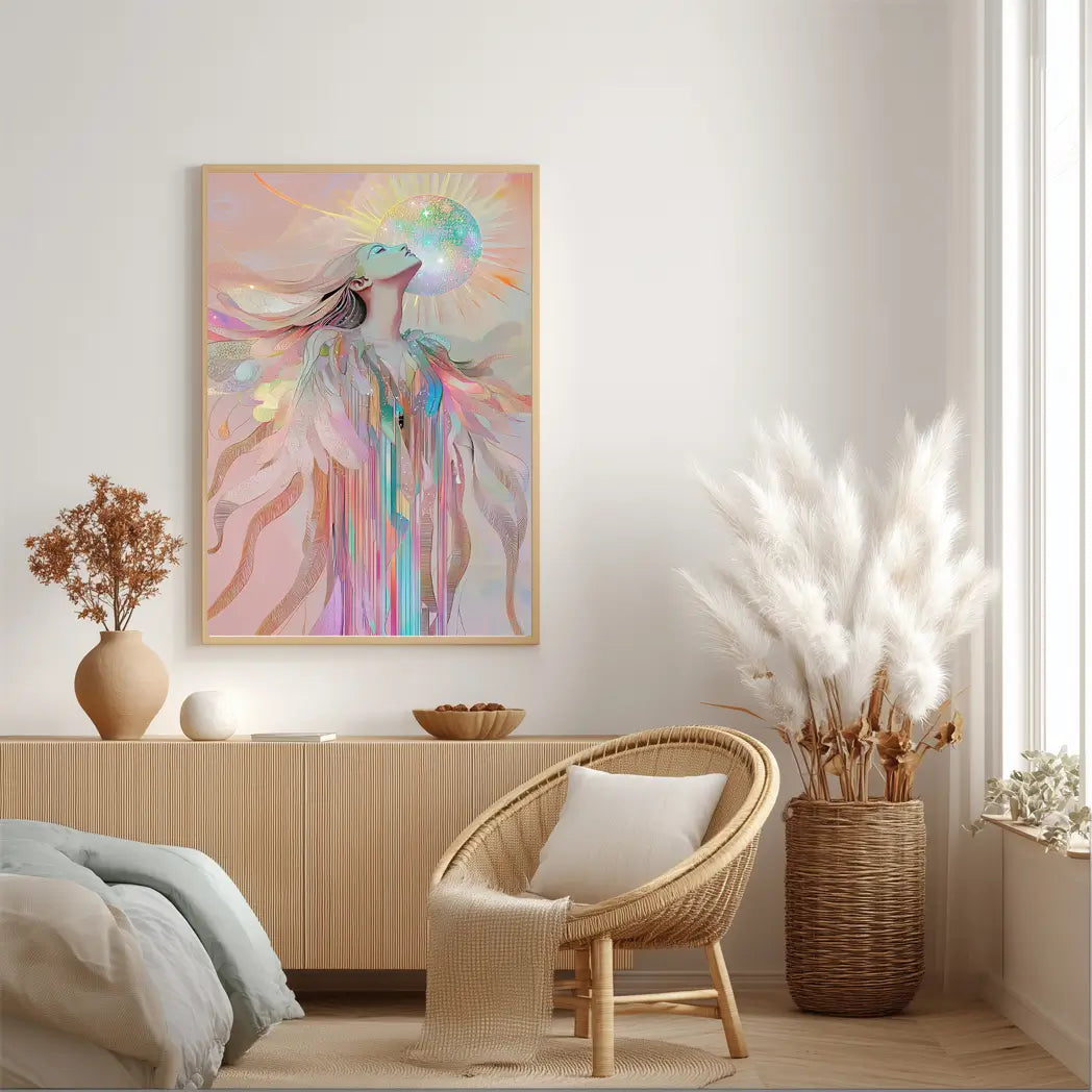 Ethereal sun goddess with iridescent feathers and glowing orb