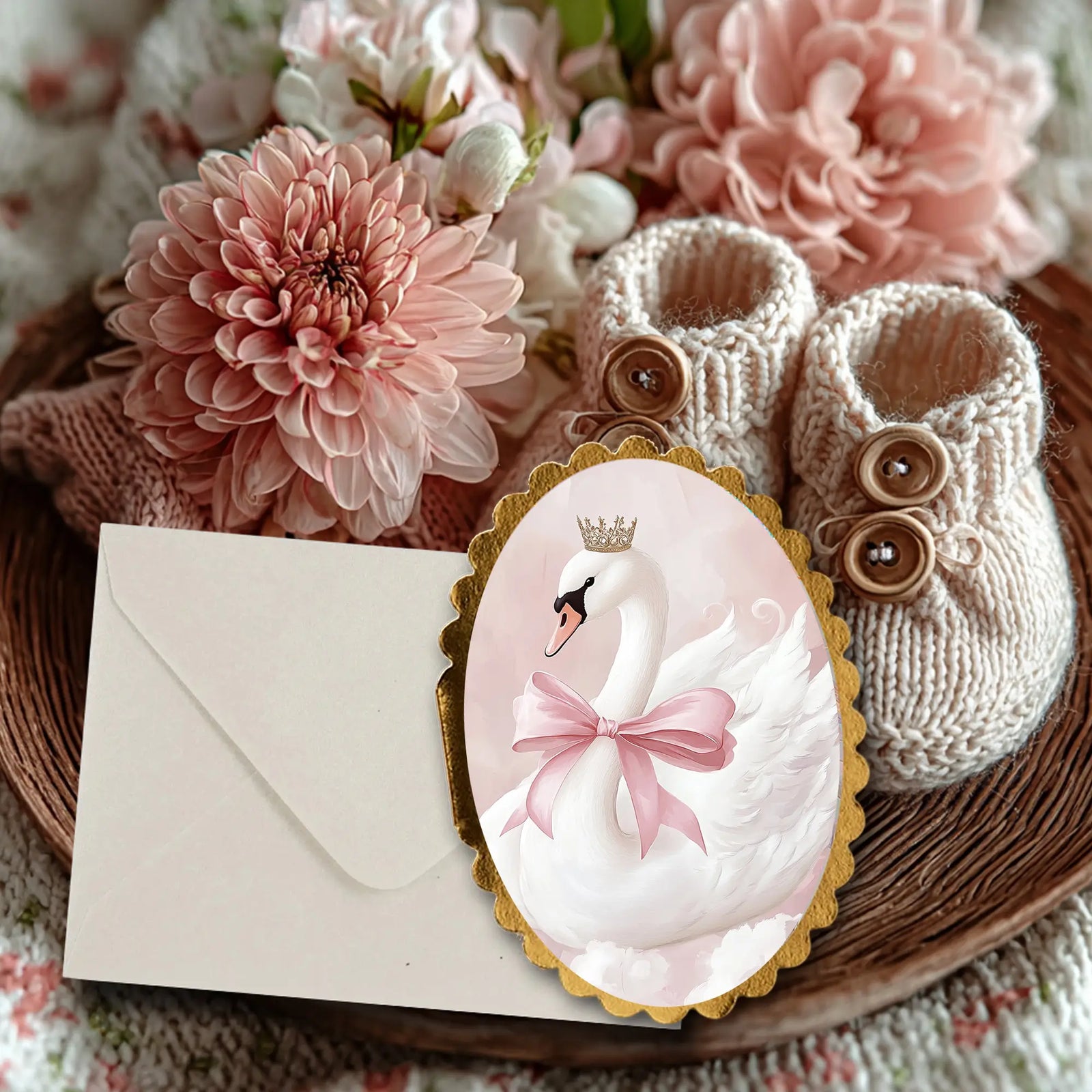 Mini baby greeting card with soft pastal pink princess swan
