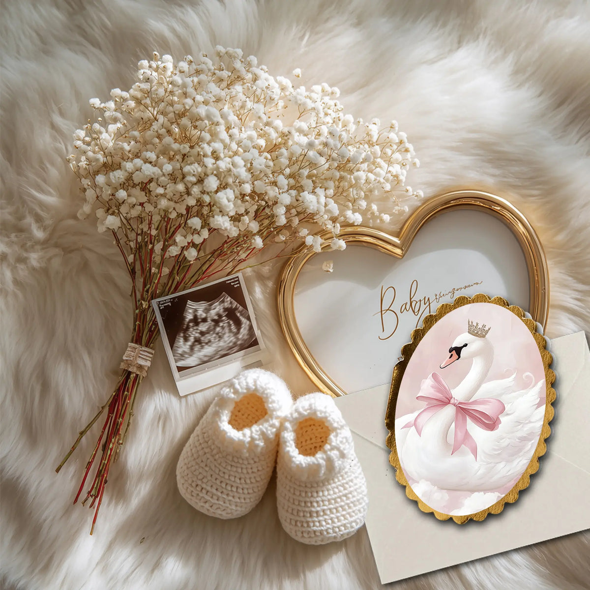 mall newborn gift card featuring delicate swan  baby-themed artwork