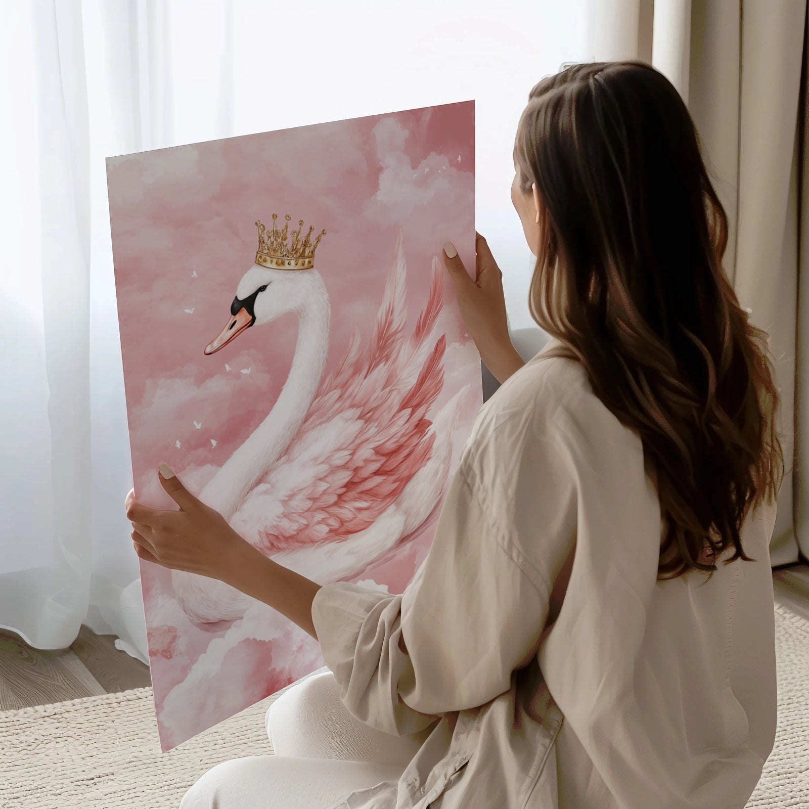 Elegant pink swan with gold crown wall art for girls nursery