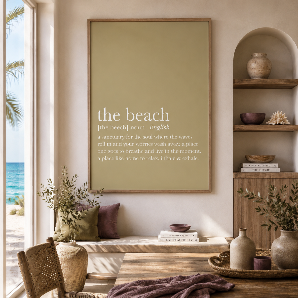 Coastal wall art featuring beach definition quote