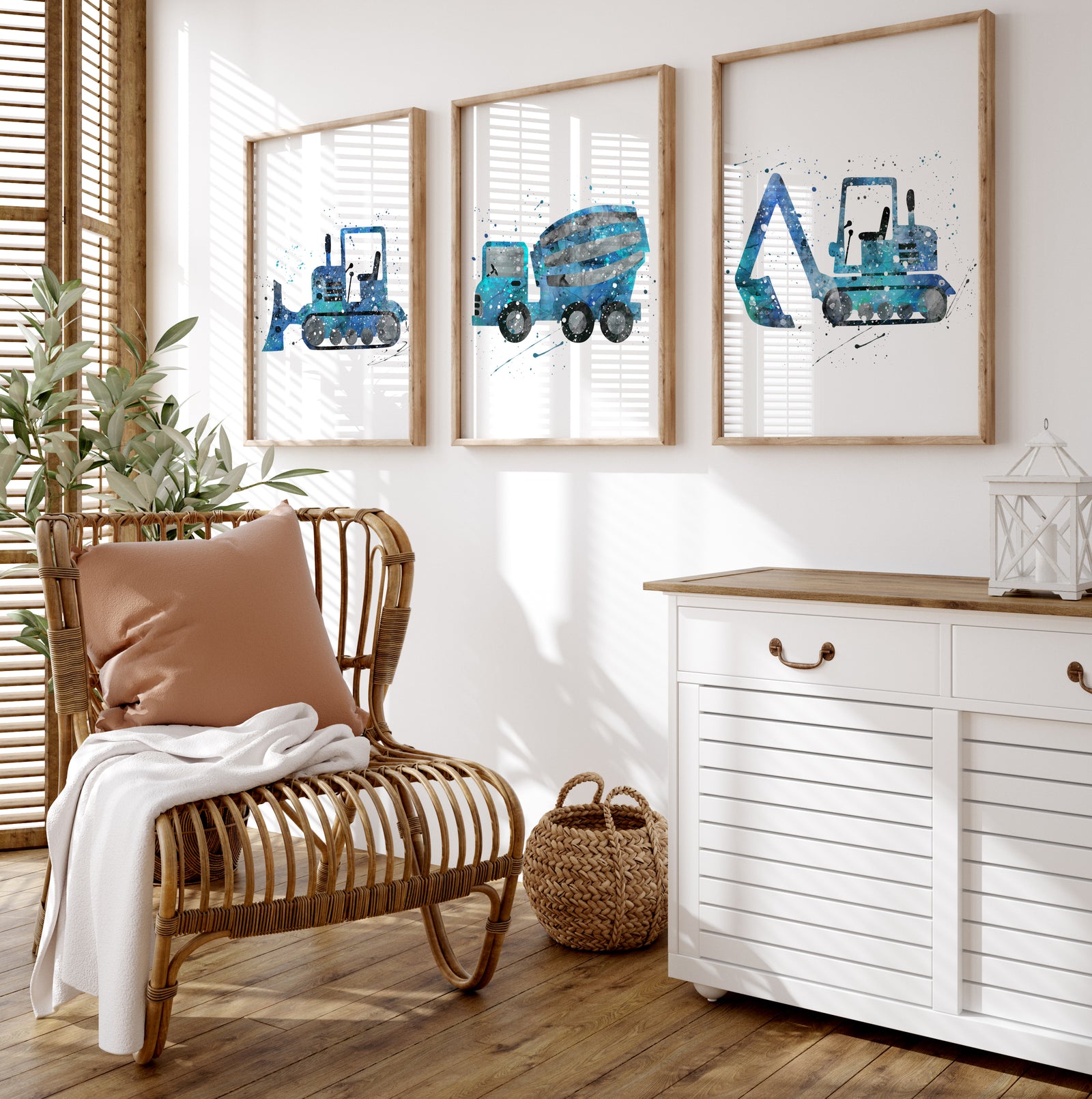 Boys Trucks Construction Wall Art pieces. Featuring a set of blue trucks,