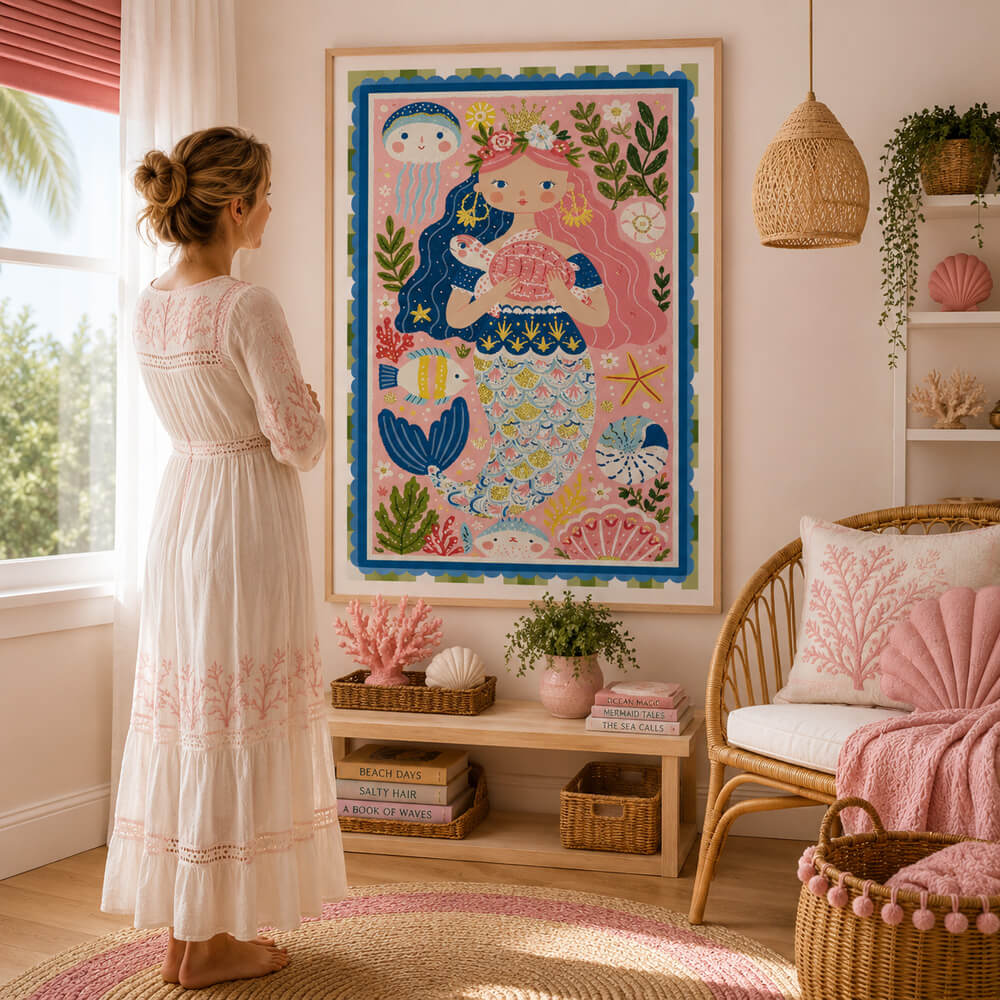 Whimsical mermaid wall art featuring a pink-haired mermaid holding a seashell, surrounded by coral, fish and ocean creatures.