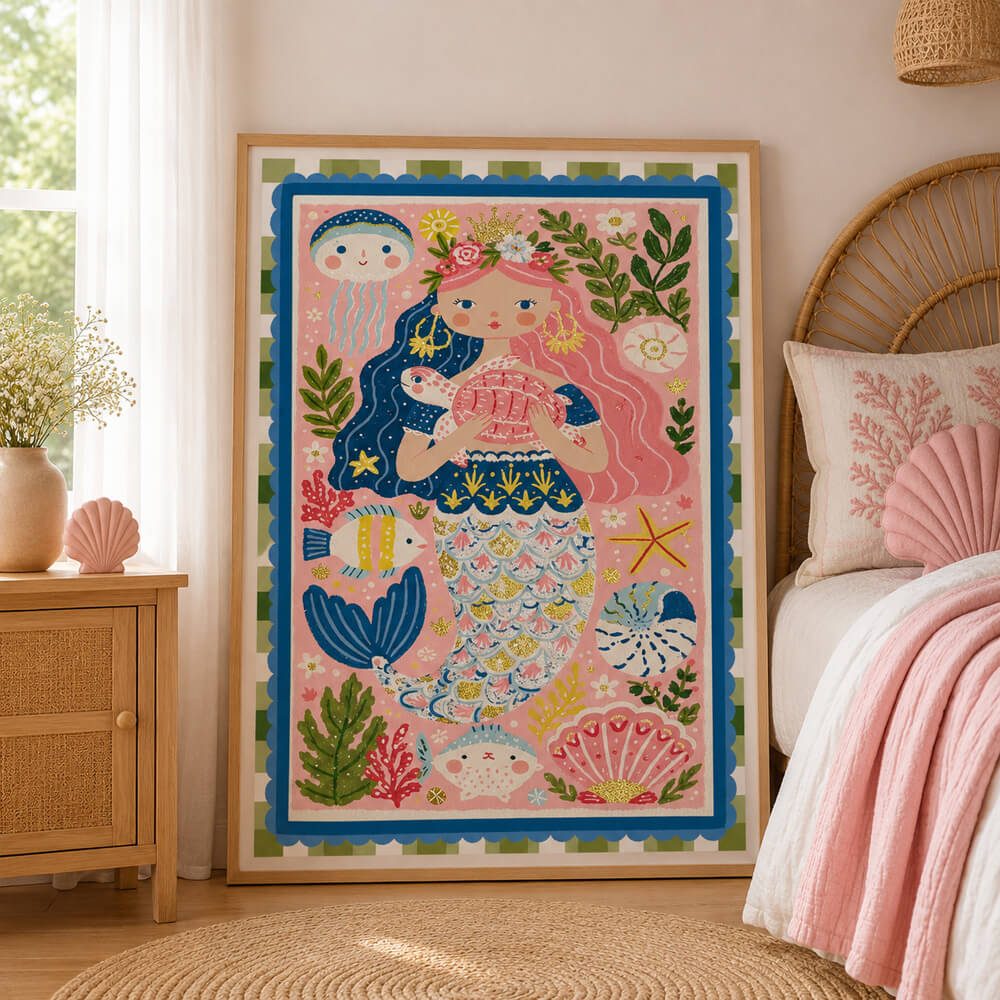 Whimsical mermaid wall art featuring a pink-haired mermaid holding a seashell, surrounded by coral, fish and ocean creatures.