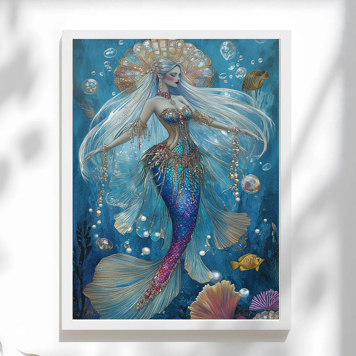  Mermaid Wall Art Print. Showcasing a graceful mermaid embellished with delicate flowers and detailed ocean elements, 