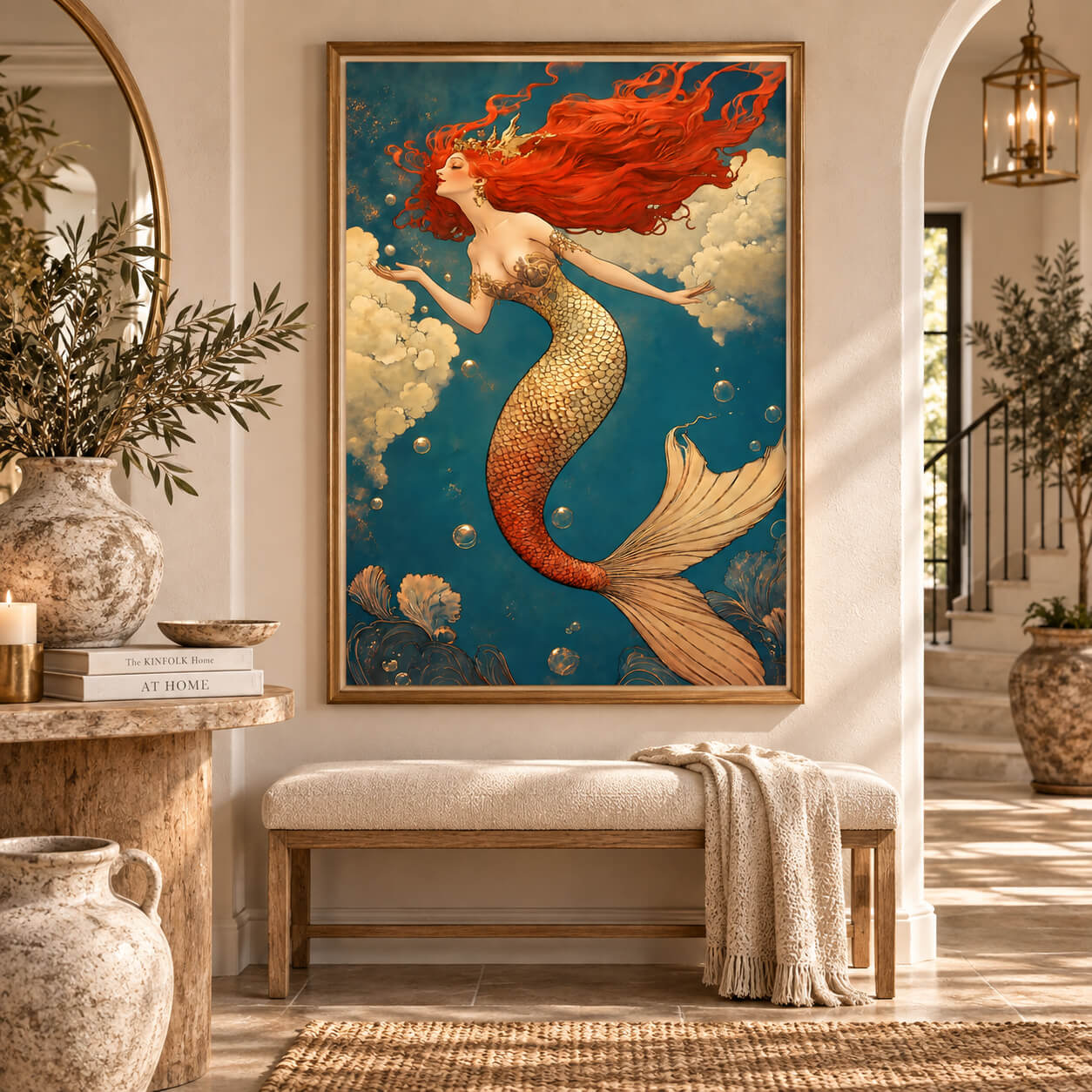 Golden red mermaid wall art print with flowing red hair, shimmering gold scales and deep teal ocean background