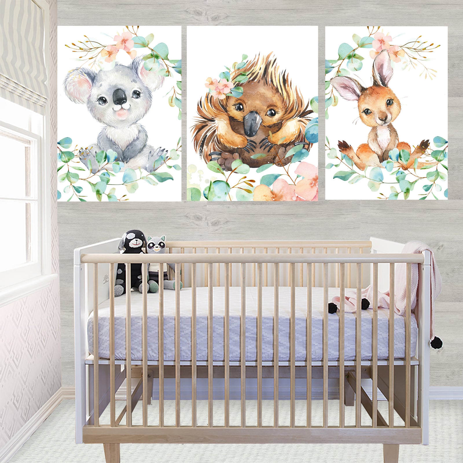 Baby animal nursery prints set with koala, kangaroo, and echidna with eucalyptus and peach floral
