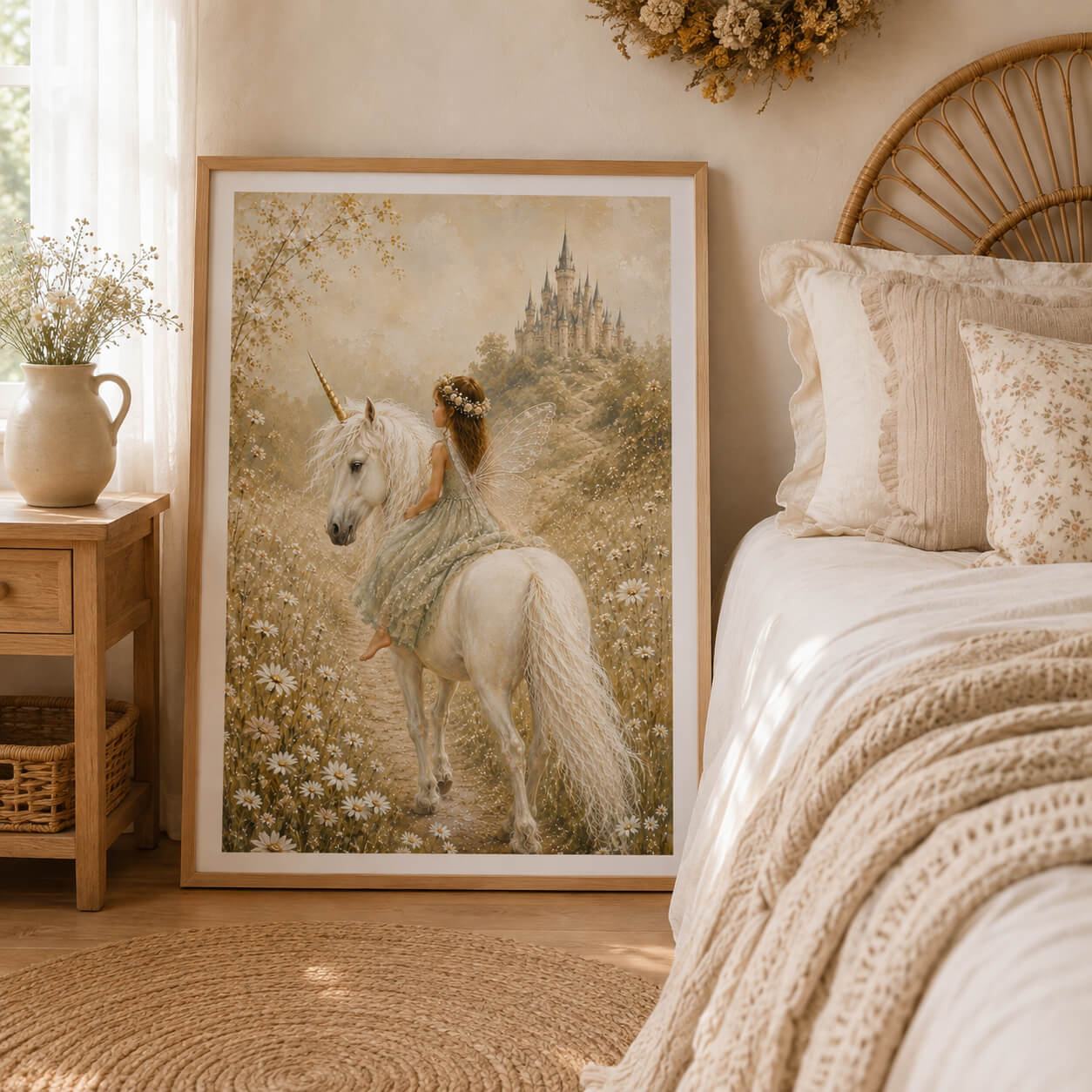 Whimsical fairy riding a white unicorn through a soft cream and golden wildflower meadow toward an enchanted castle, with delicate wings, daisies and dreamy cottagecore storybook details.