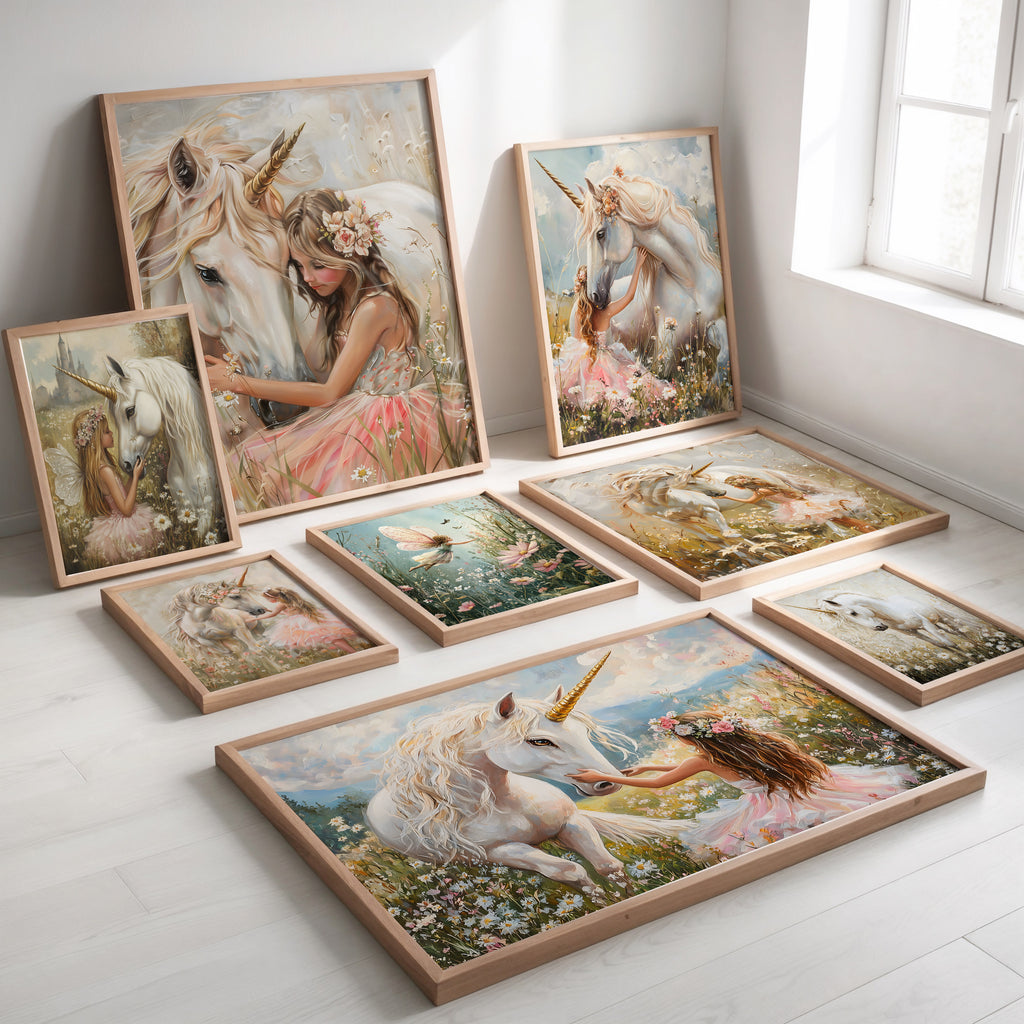 Uniorn wall art collection of whimsacal unicorn wall prints for girl's bedroom or nursery.