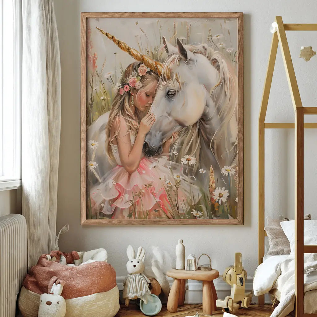 Enchanting unicorn and little girl snuggling in a field of flowers fantasy nursery art print